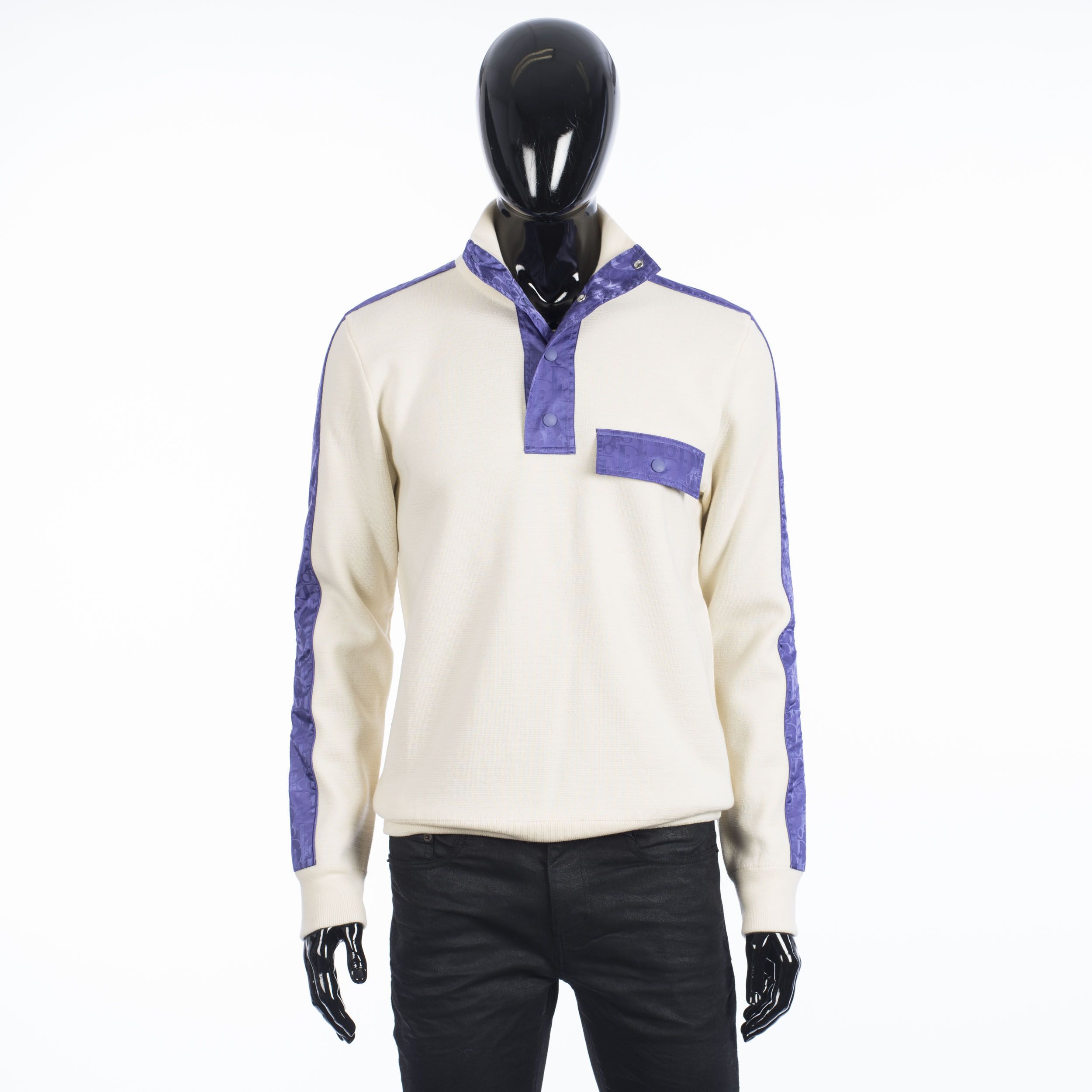 Dior High Collar Sweater With Oblique Inserts In White Wool Size US L / EU 52-54 / 3 - 1 Thumbnail