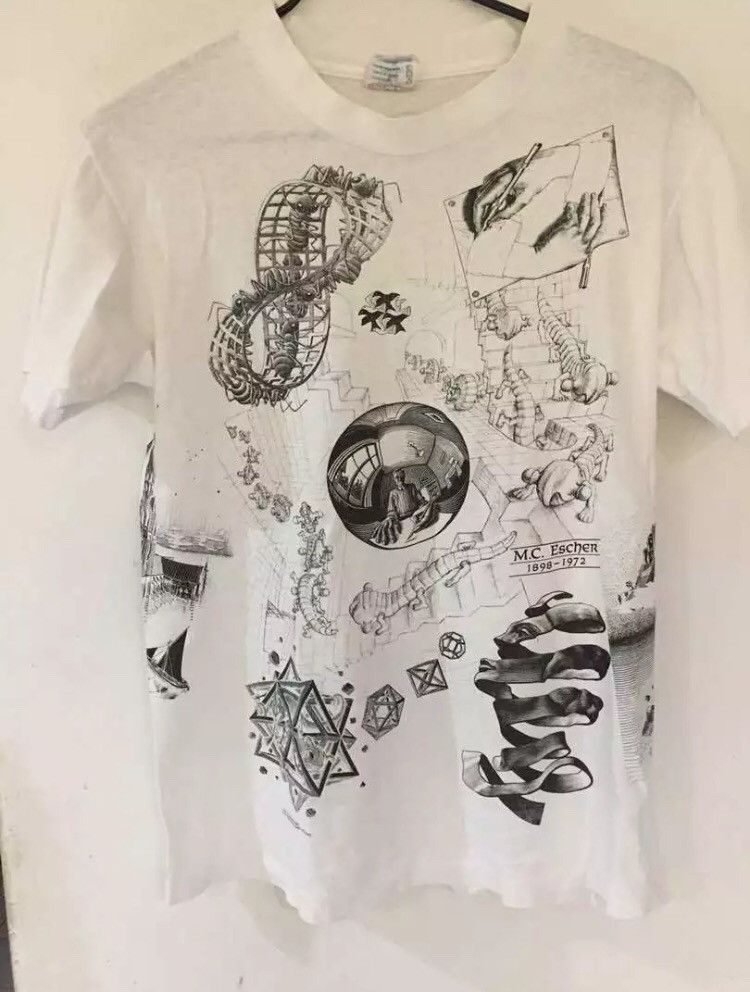 image of Vintage M.c Escher All Over Printed Art Illusion Industry in White, Men's (Size Medium)