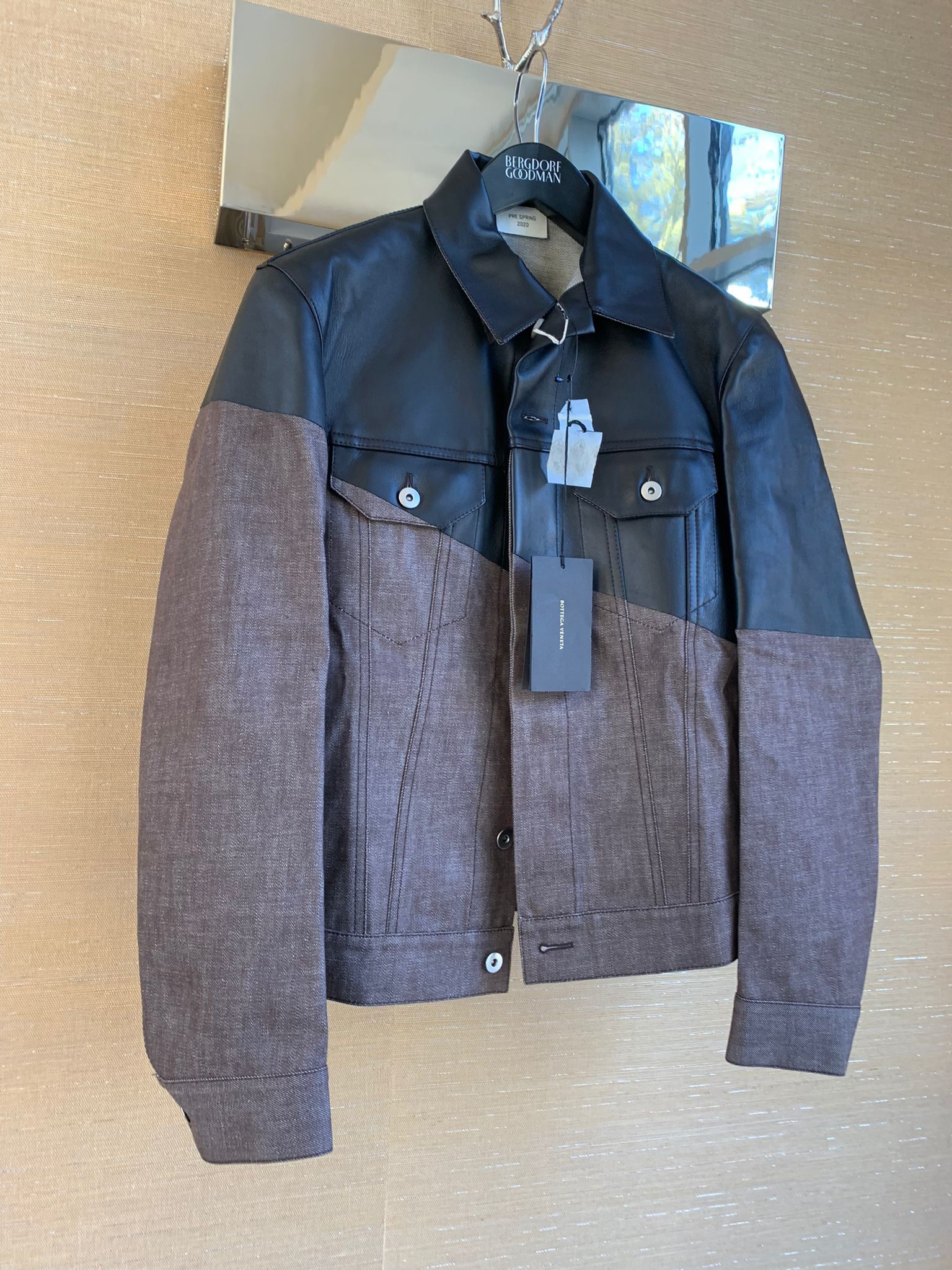 Bottega Veneta Leather Hybrid Denim Jacket in Brown Black Size US M / EU 48-50 / 2 - 8 Thumbnail