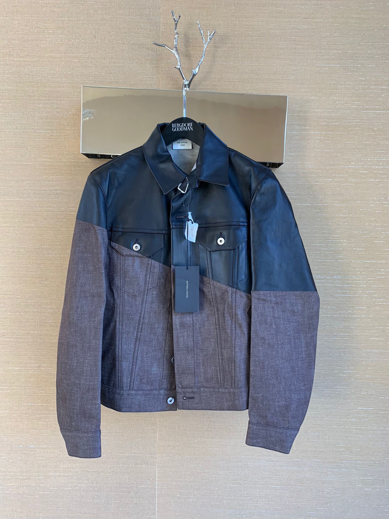Bottega Veneta Leather Hybrid Denim Jacket in Brown Black Size US M / EU 48-50 / 2 - 4 Thumbnail