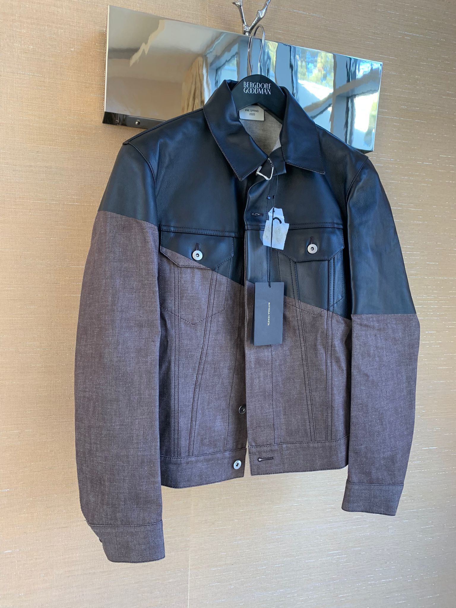 Bottega Veneta Leather Hybrid Denim Jacket in Brown Black Size US M / EU 48-50 / 2 - 5 Thumbnail