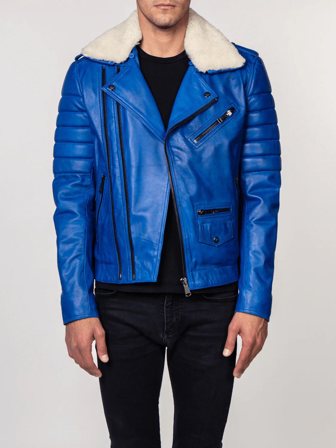 Genuine Leather LADC Paris Perfecto Blue Leather Jacket With Fur Collar Size US XS / EU 42 / 0 - 2 Thumbnail