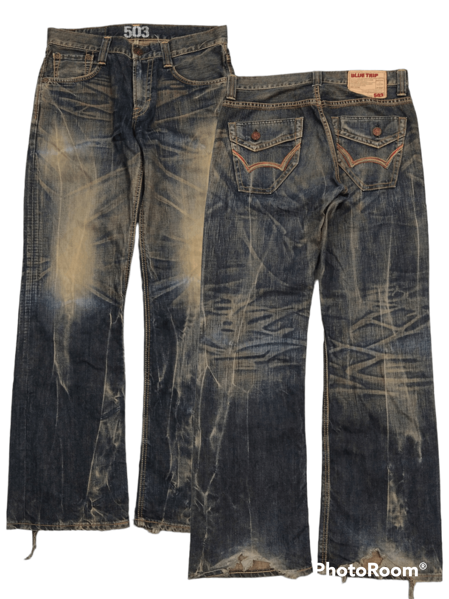 image of Avant Garde x Rusty Flare Sick Rusty 503 Blue Trip Denim Pants in Blue Rusty Distressed (Size 33)