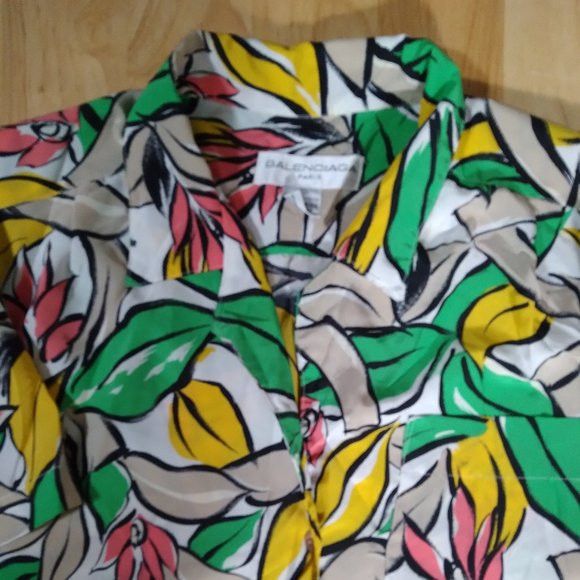 image of Balenciaga Floral Pattern Polyester Hawaiian Shirt in White/Tan/Green, Men's (Size Medium)