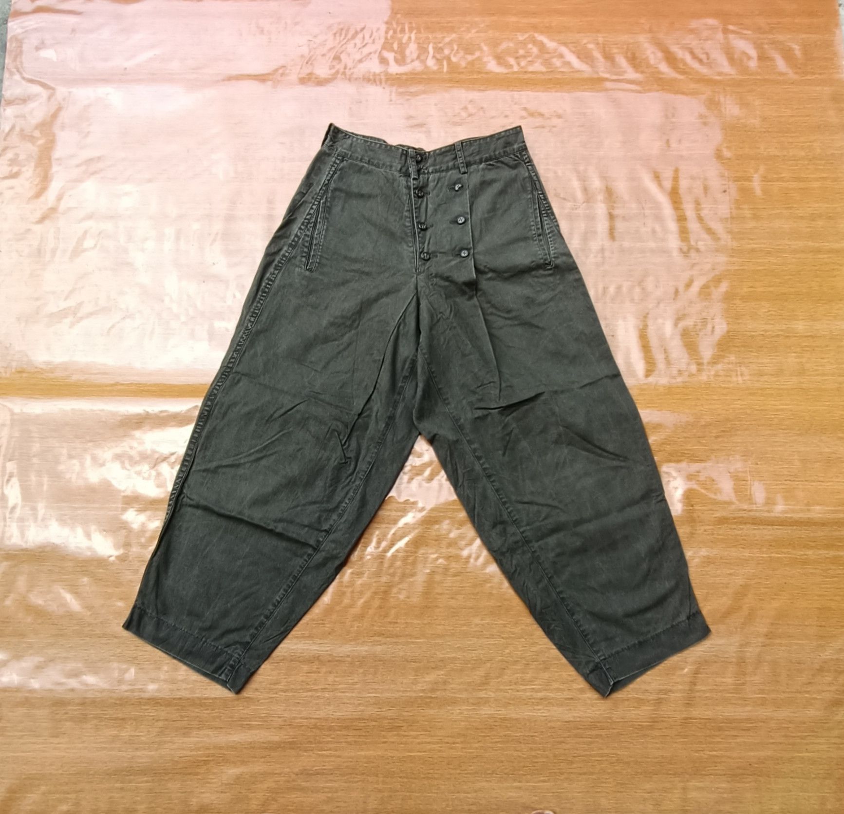 image of Yohji Yamamoto x YS Y's Double Button Pleated Dropped Crotch Wide Thigh Pants in Green Olive (Size 