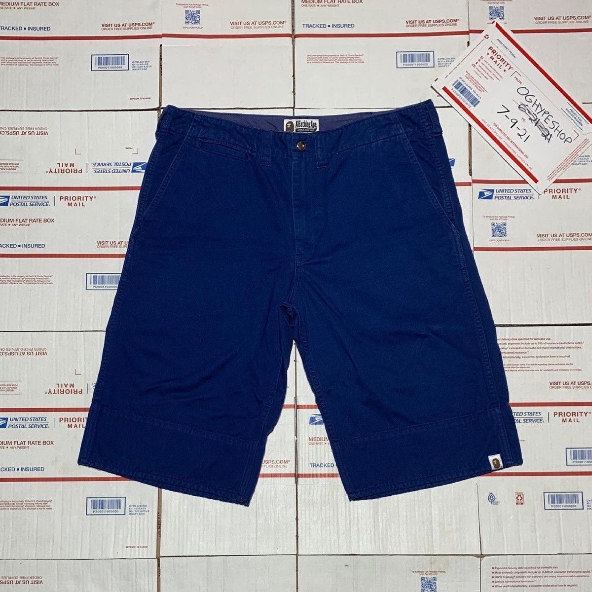 Bape OG Bape College Logo Blue Shorts | Grailed