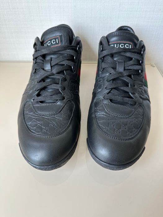 Gucci Micro Guccissima 233334 Men's Black Leather Web Sneakers Size - US 9.5