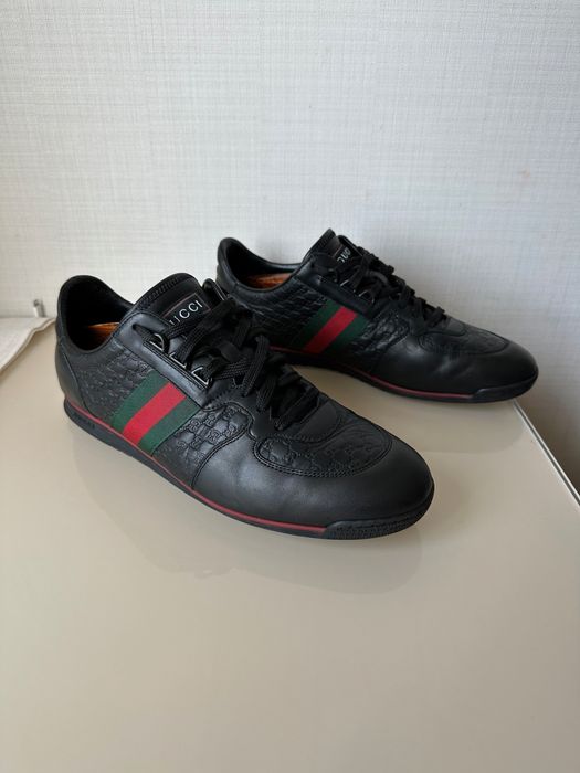 Gucci Micro Guccissima 233334 Men's Black Leather Web Sneakers Size - US 9.5