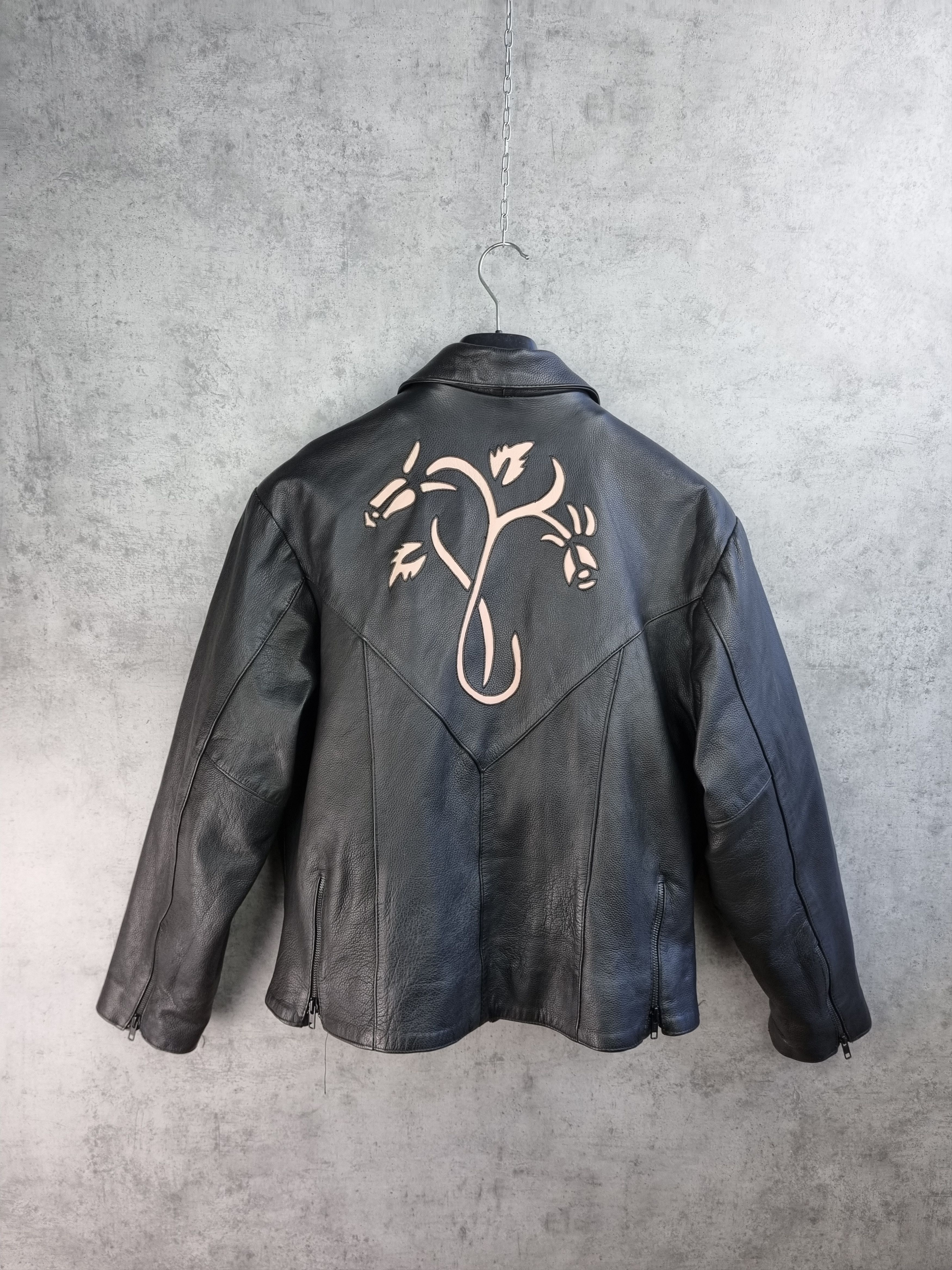 Genuine Leather 90s Leather Biker Jacket Japanese Motif Floral Yohji Style Size US M / EU 48-50 / 2 - 4 Thumbnail