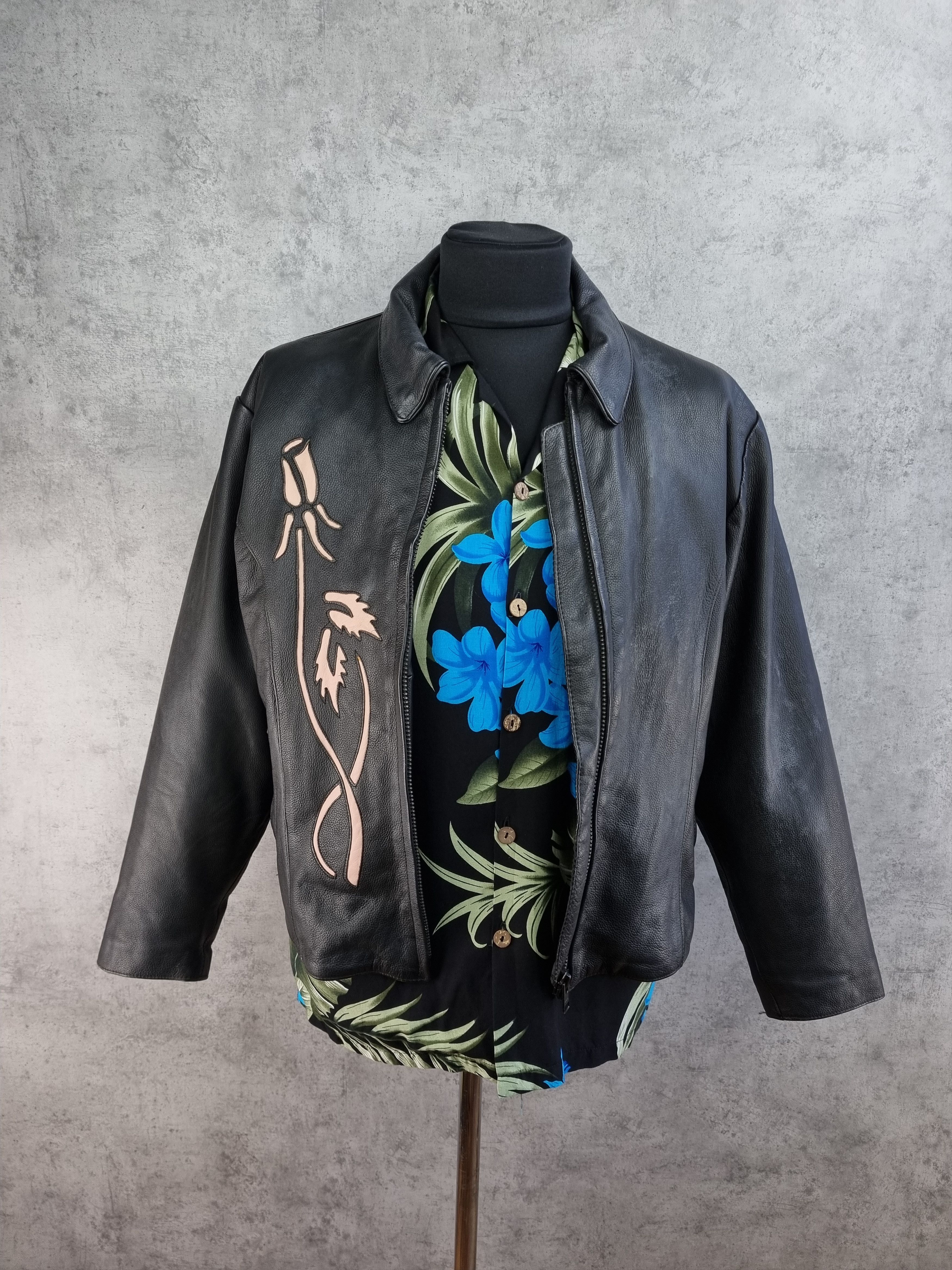 Genuine Leather 90s Leather Biker Jacket Japanese Motif Floral Yohji Style Size US M / EU 48-50 / 2 - 2 Thumbnail
