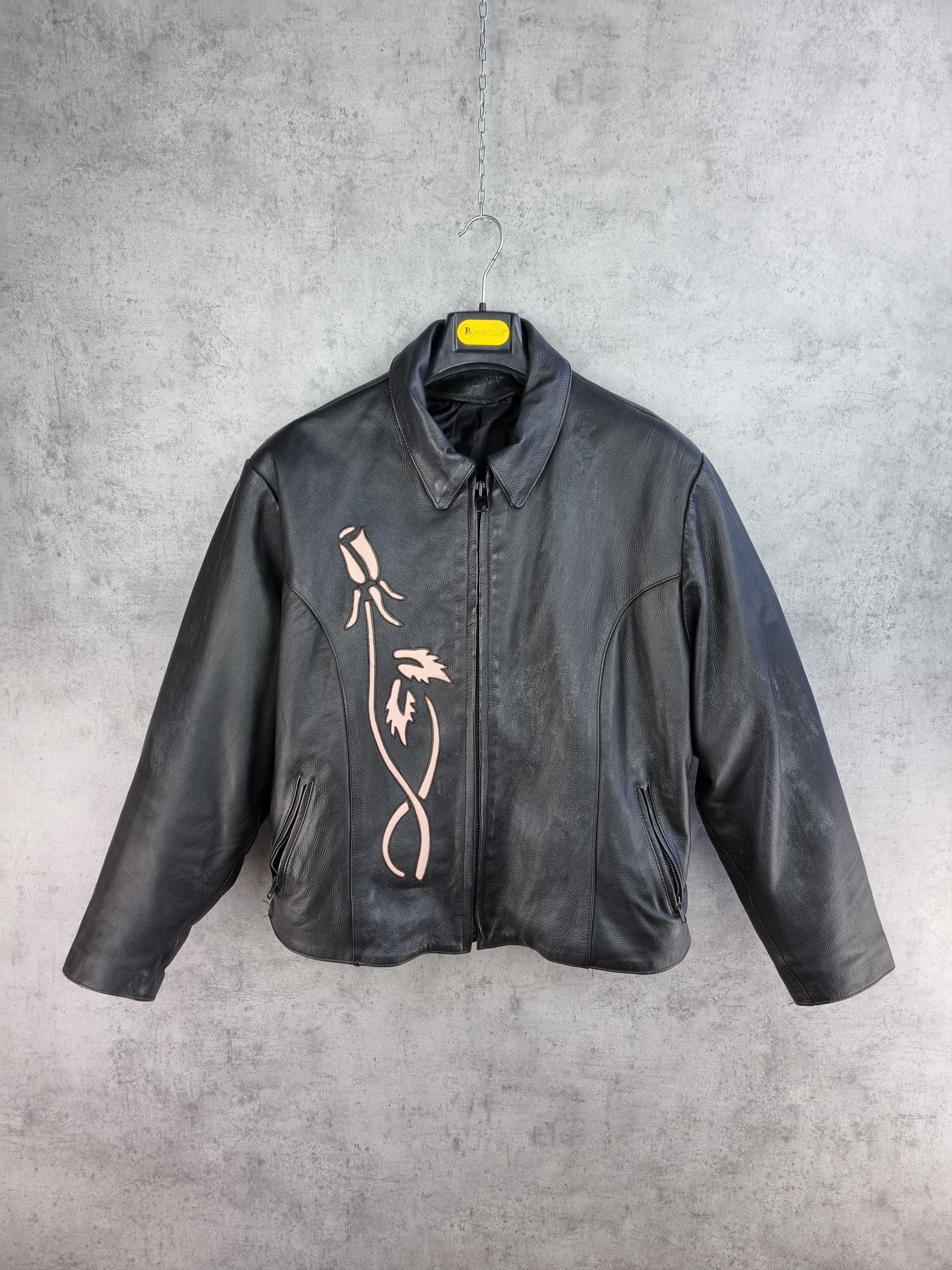 Genuine Leather 90s Leather Biker Jacket Japanese Motif Floral Yohji Style Size US M / EU 48-50 / 2 - 3 Thumbnail
