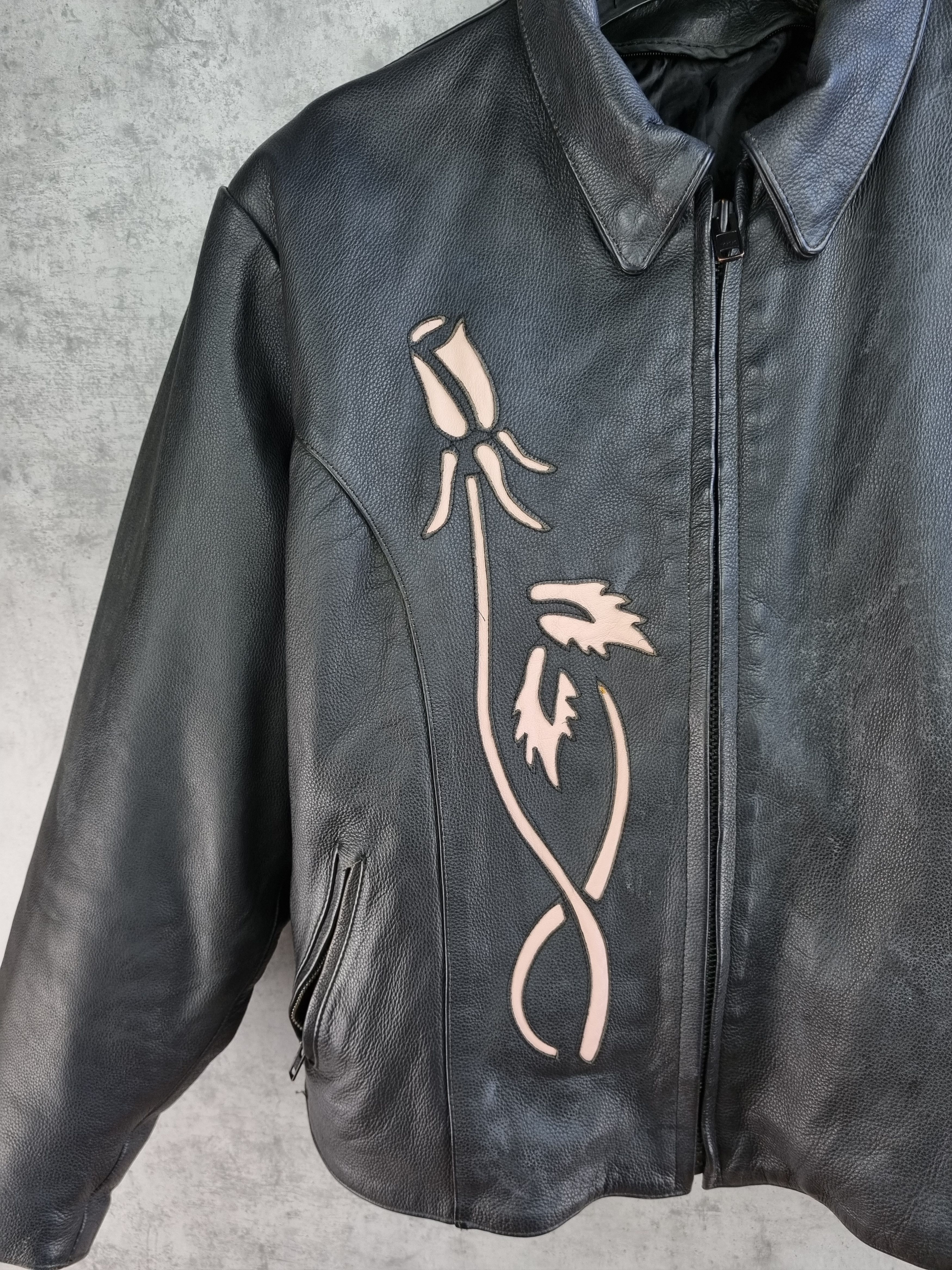 Genuine Leather 90s Leather Biker Jacket Japanese Motif Floral Yohji Style Size US M / EU 48-50 / 2 - 7 Thumbnail