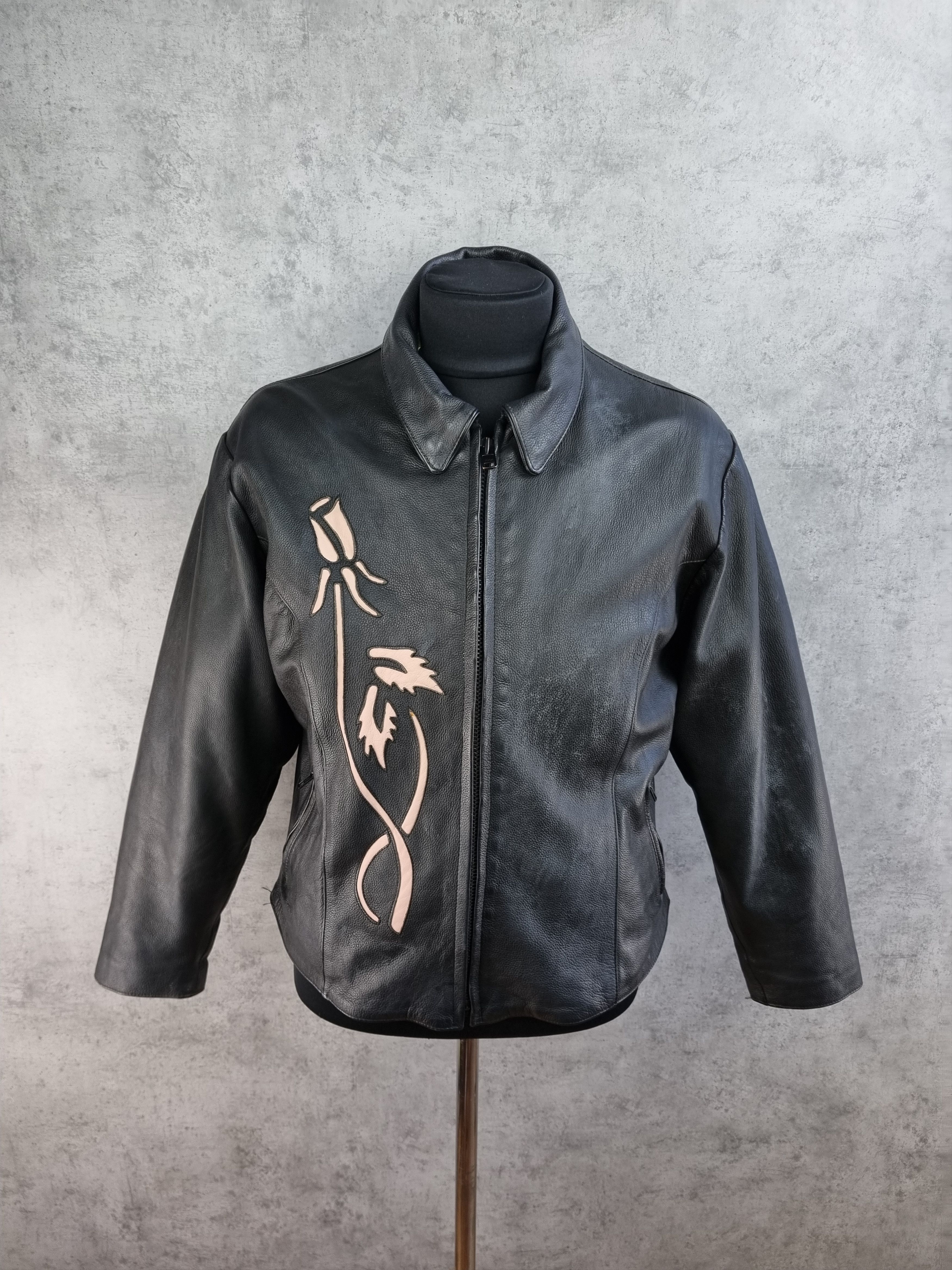 Genuine Leather 90s Leather Biker Jacket Japanese Motif Floral Yohji Style Size US M / EU 48-50 / 2 - 5 Thumbnail