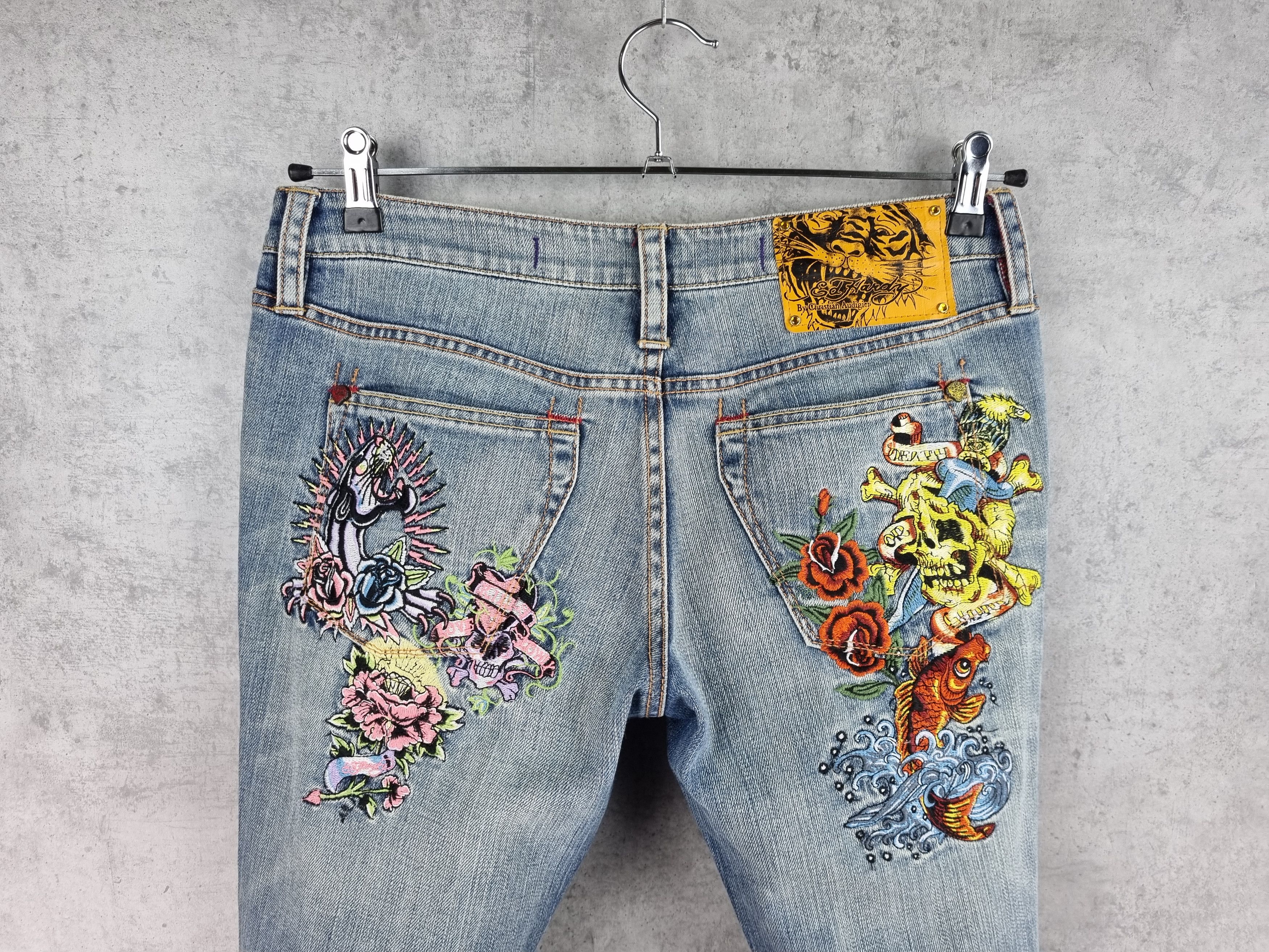 Christian Audigier × Ed Hardy Rare Ed Hardy Embroidered Art Flared Denim Pant Size 28" / US 6 / IT 42 - 3 Thumbnail