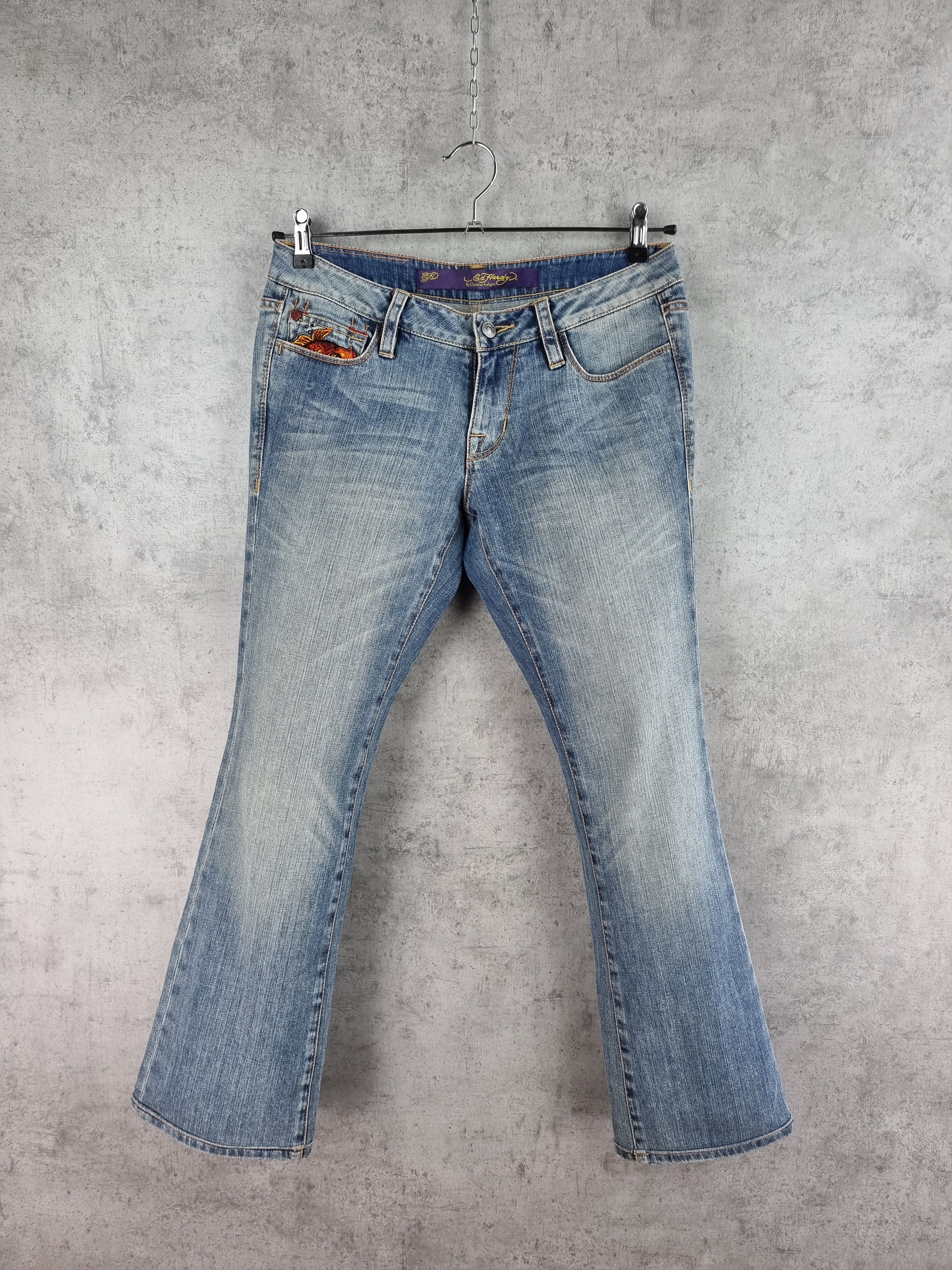 Christian Audigier × Ed Hardy Rare Ed Hardy Embroidered Art Flared Denim Pant Size 28" / US 6 / IT 42 - 2 Thumbnail