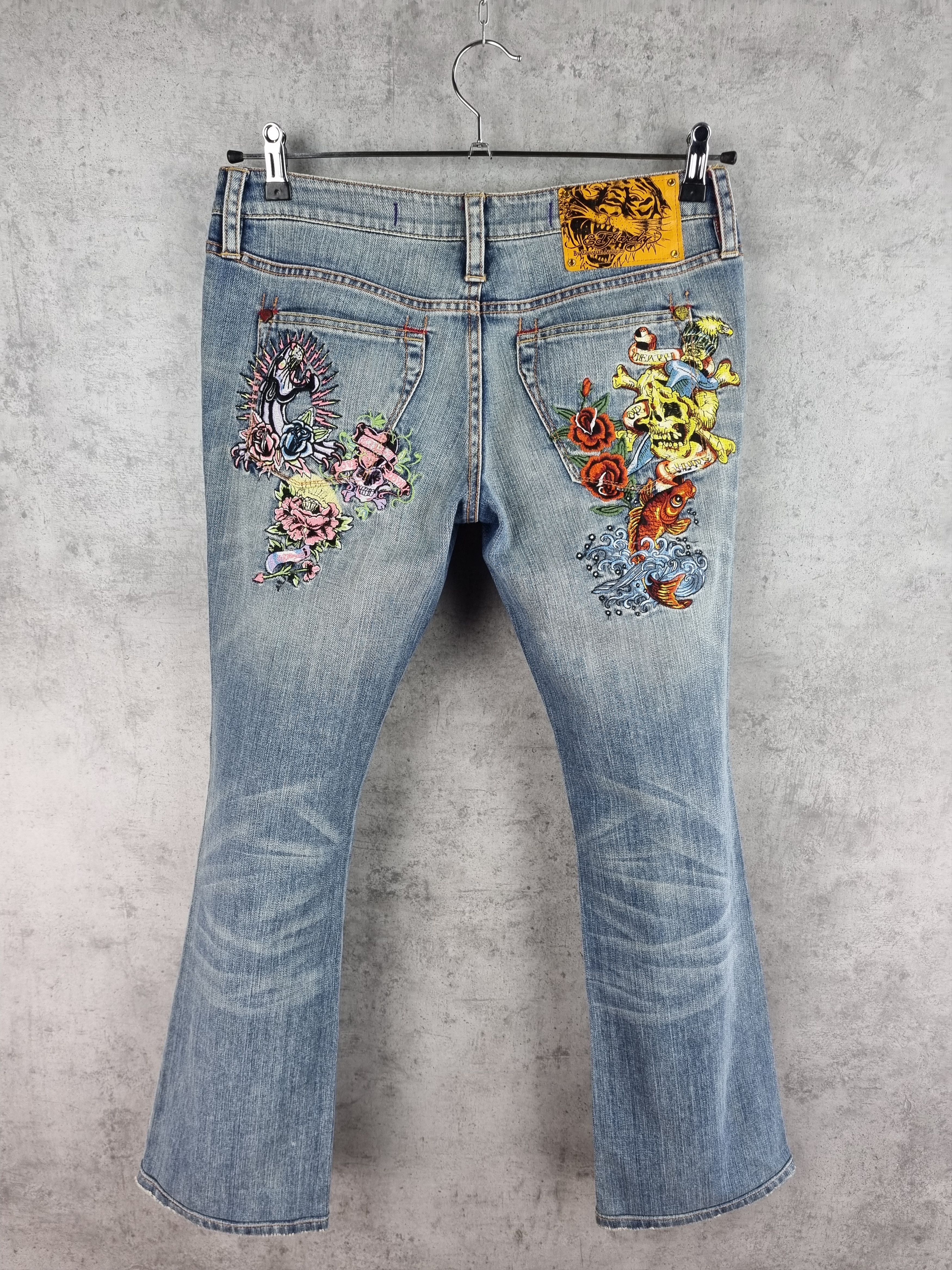 Christian Audigier × Ed Hardy Rare Ed Hardy Embroidered Art Flared Denim Pant Size 28" / US 6 / IT 42 - 1 Thumbnail