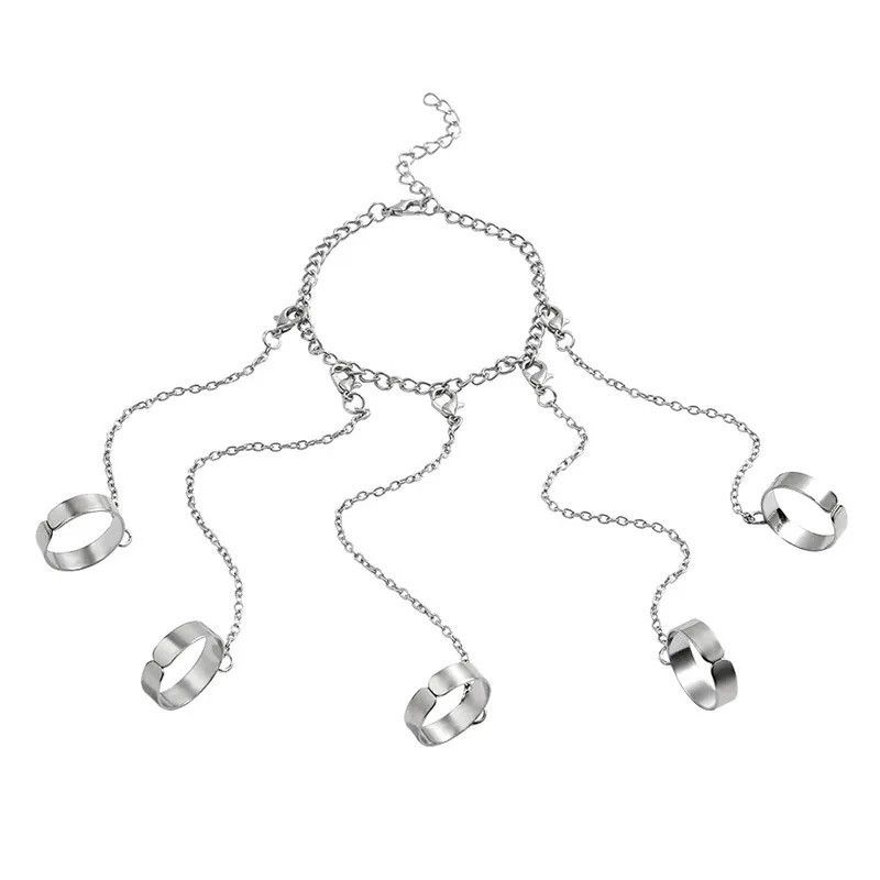 Jewelry Punk Geometric Silver Color Chain Wrist Rings Size ONE SIZE - 2 Thumbnail