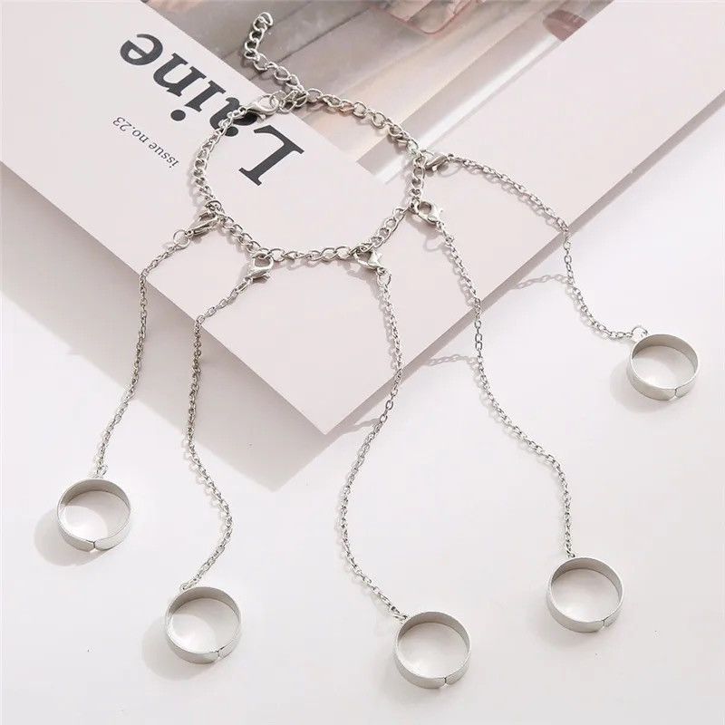 Jewelry Punk Geometric Silver Color Chain Wrist Rings Size ONE SIZE - 5 Thumbnail