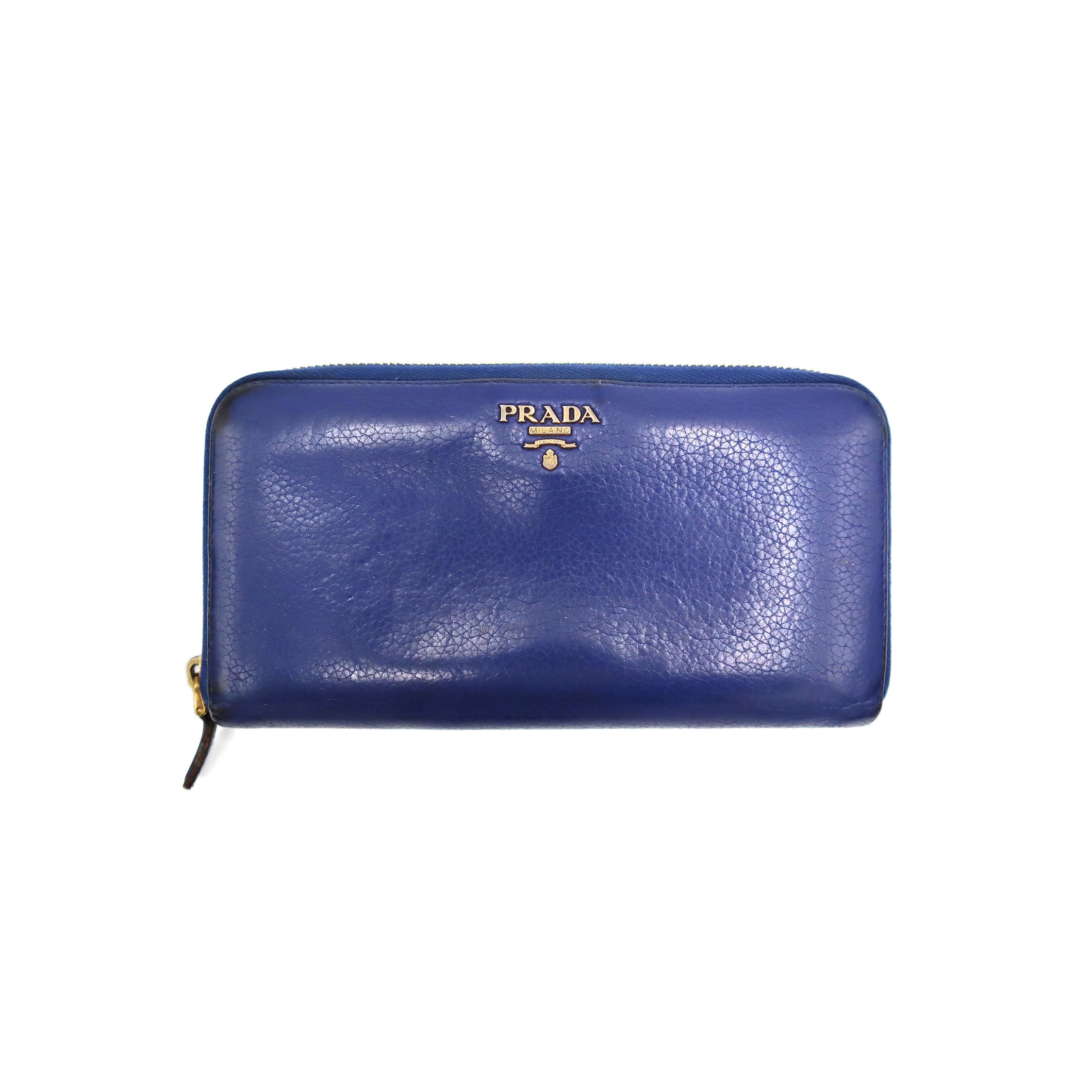 Prada Leather Round Zipper Long Wallet Blue