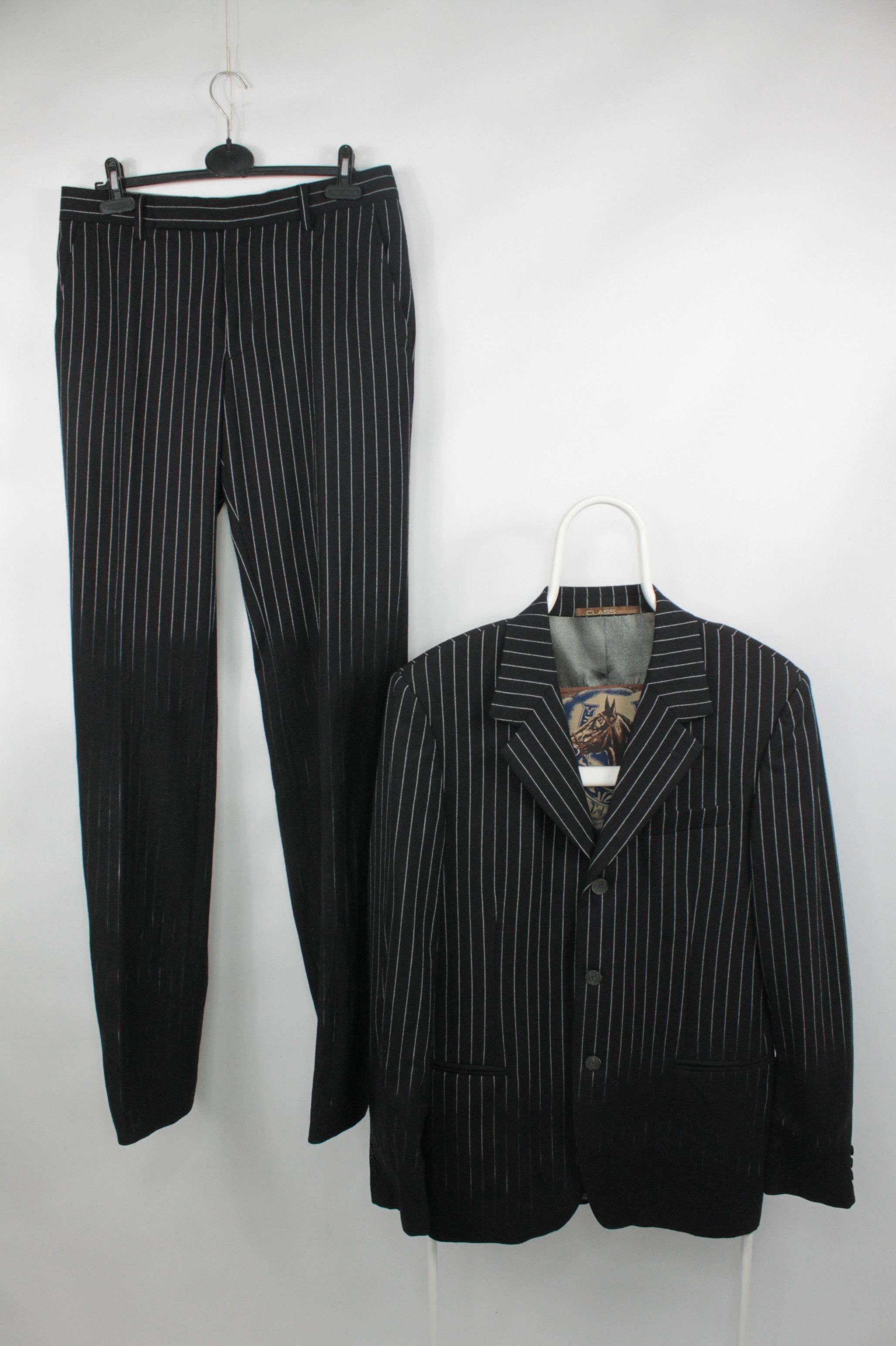 image of Italian Designers Roberto Cavalli Class Black Stripped Womens Wool Suit in Black White Stripes (Siz