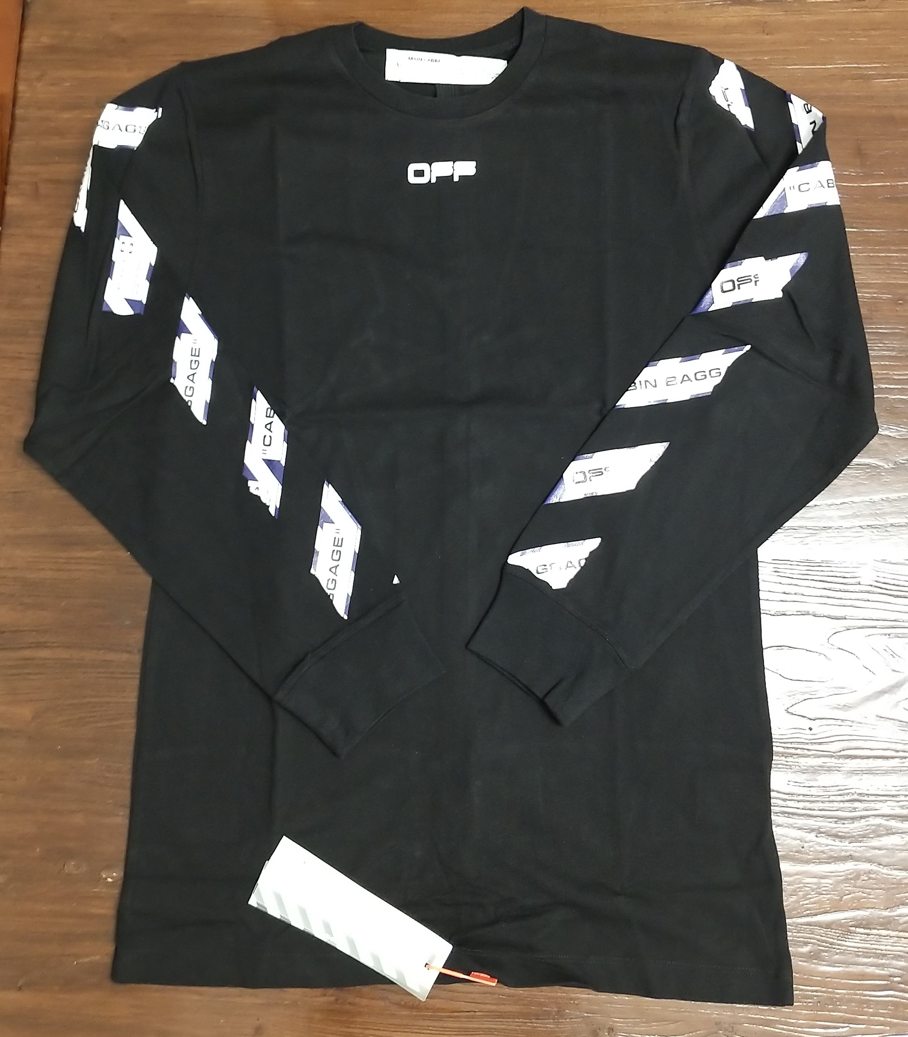 image of Off White Airport Tape Arrows Long Sleeve T Shirt in Black, Men's (Size Medium)