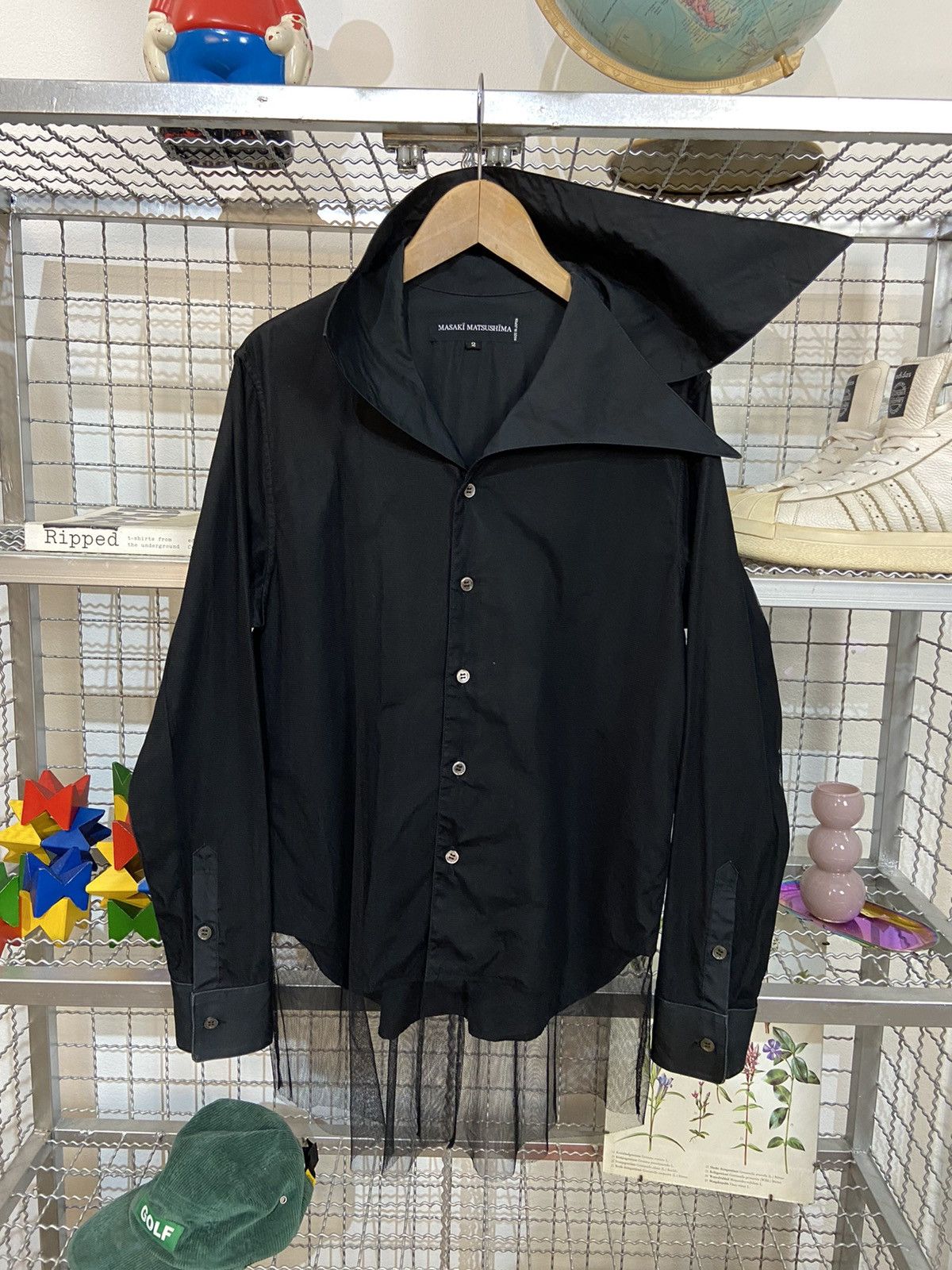 image of Masaki Matsushima Asymmetric Collar Mesh Layers Shirt in Black, Men's (Size Medium)