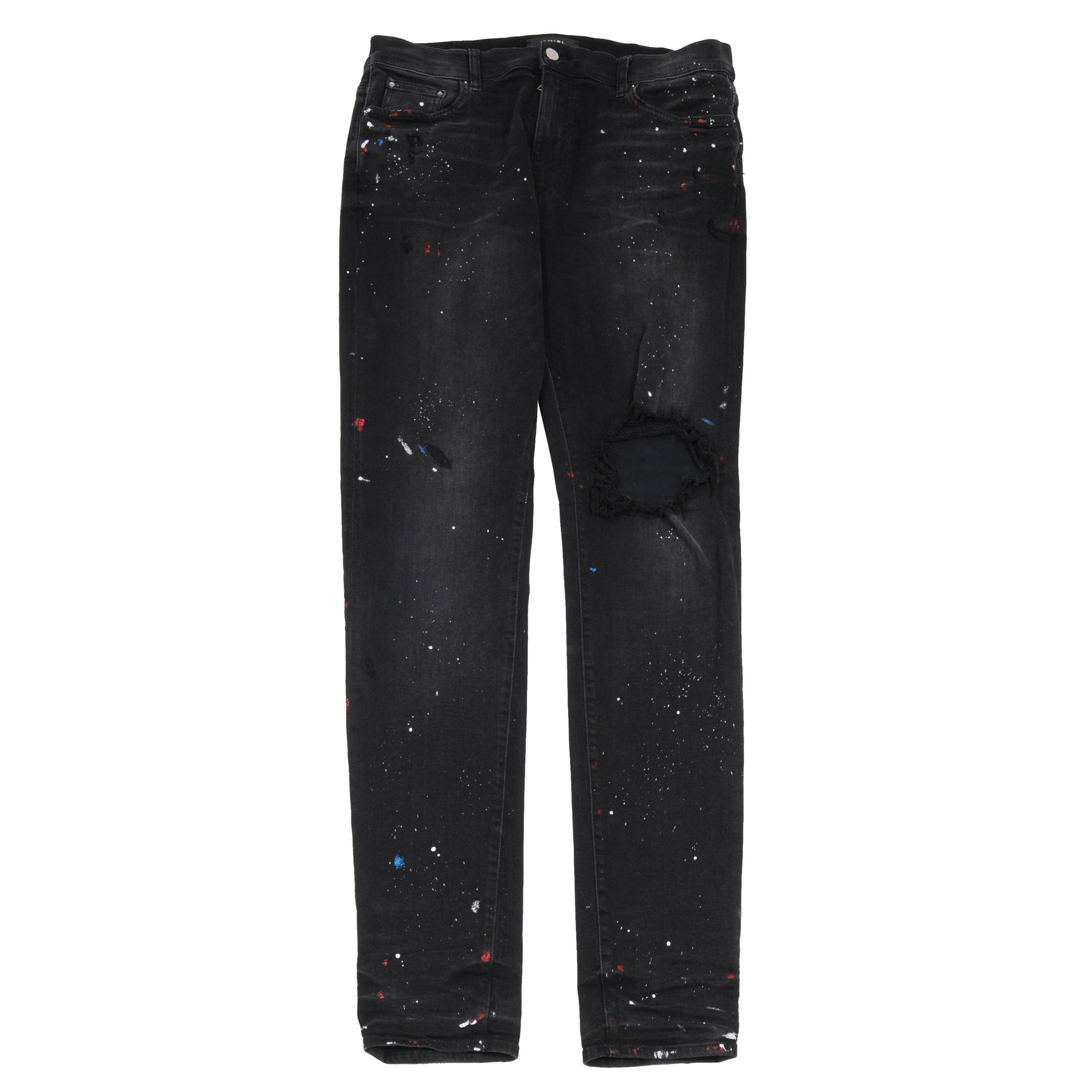 image of Amiri Paint Splatter Broken Knee Blowout Distressed Skinny Jeans in Vintage Black, Men's (Size 36)