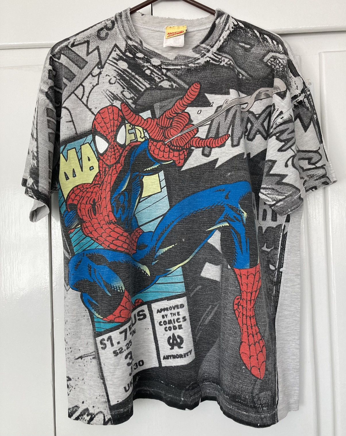 image of Spider-Man 1994 Marvel Comics Shirt Vintage 90's All Over Tee in Grey, Men's (Size XL)