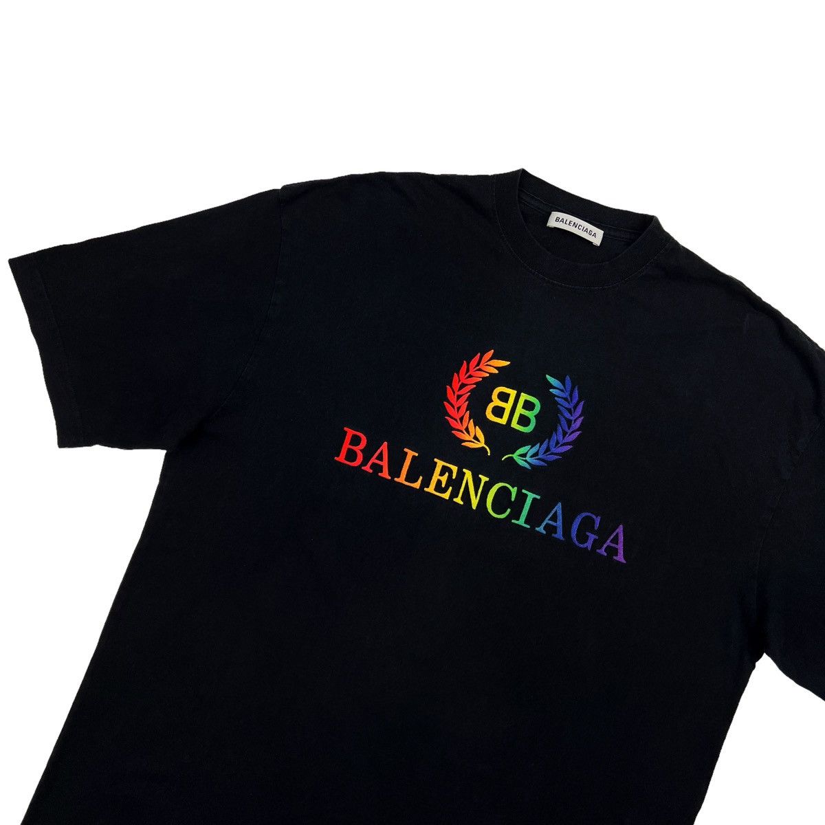 image of Balenciaga Embroidered Rainbow Bb Crest T Shirt in Black, Men's (Size XS)