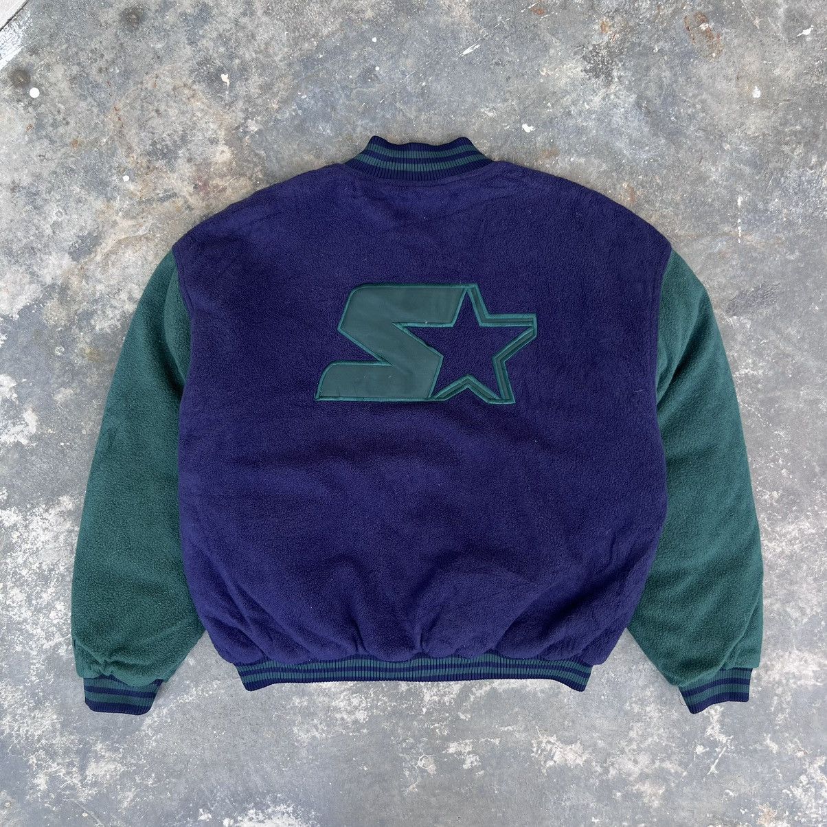 image of Vintage Starter Embroidery Big Logo Varsity Jacket in Navy/Green, Men's (Size Medium)