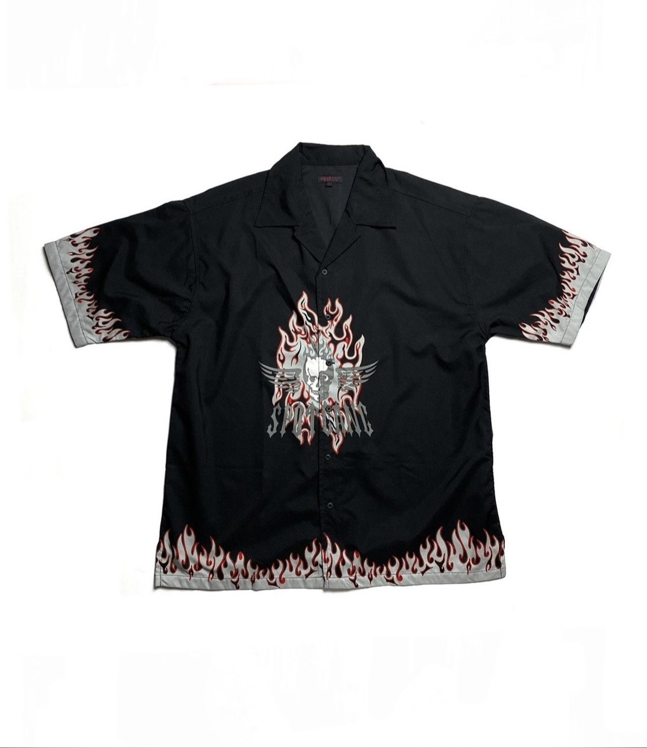 Pre-owned Skulls X Vintage Y2k Skulls Flames Punk Short Sleeve Hawaiian Shirt In Black