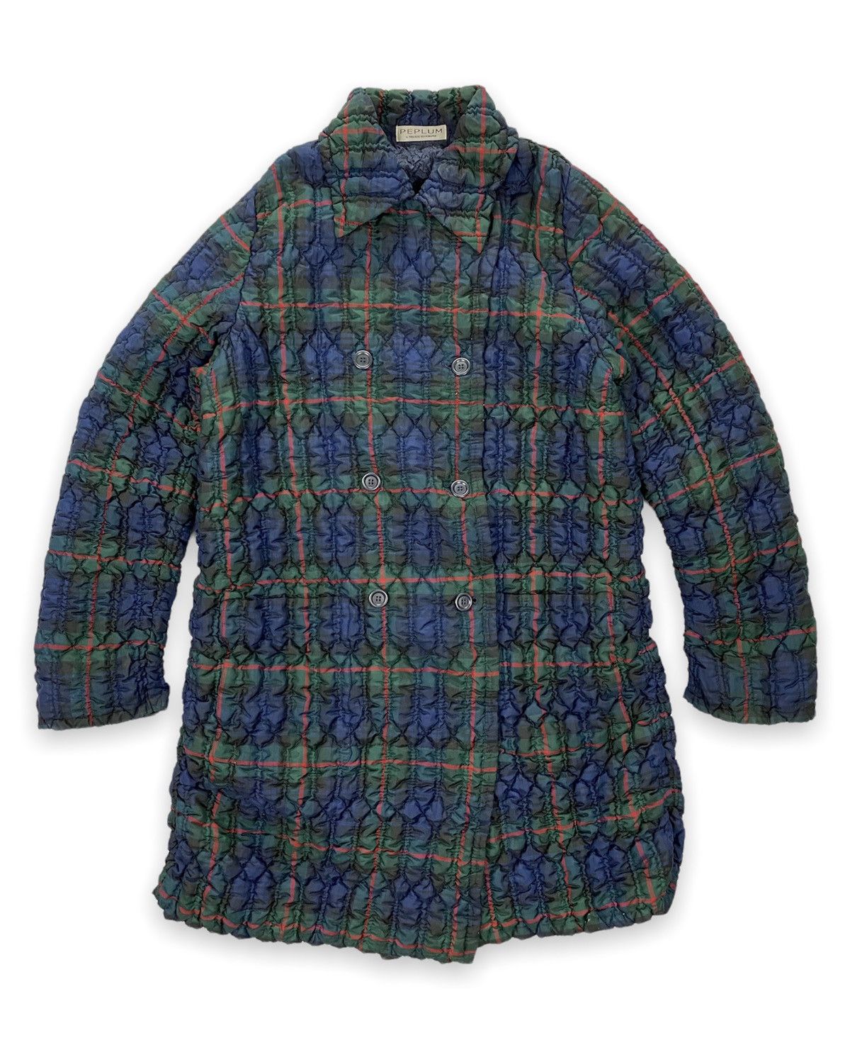 image of Issey Miyake Peplum By Yoshiki Hishinuma Checkered Long Quilted Jacket in Navy, Women's (Size Mediu