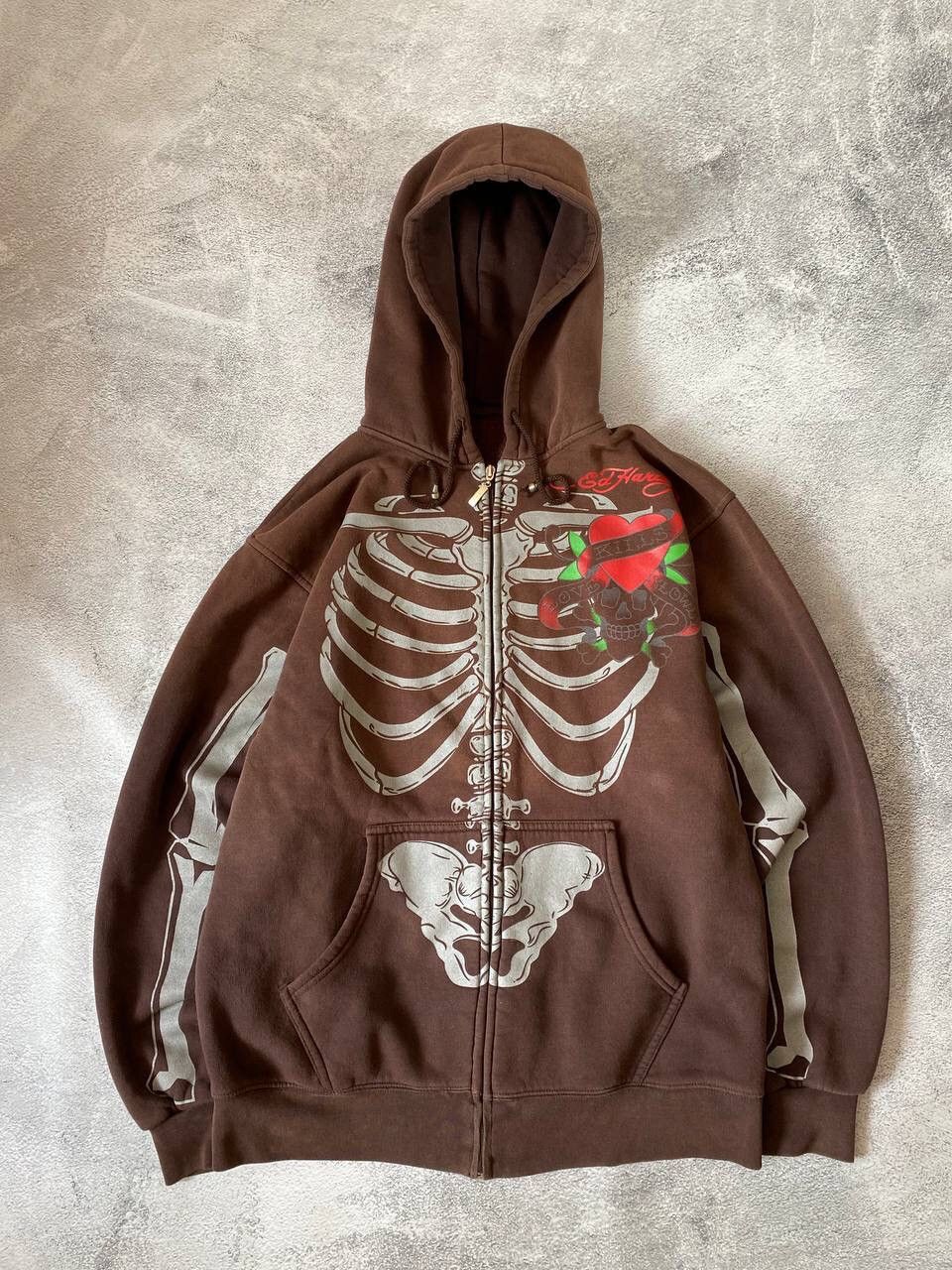 Pre-owned Christian Audigier X Ed Hardy Vintage Ed Hardy Skeleton Brown Y2k Hoodie