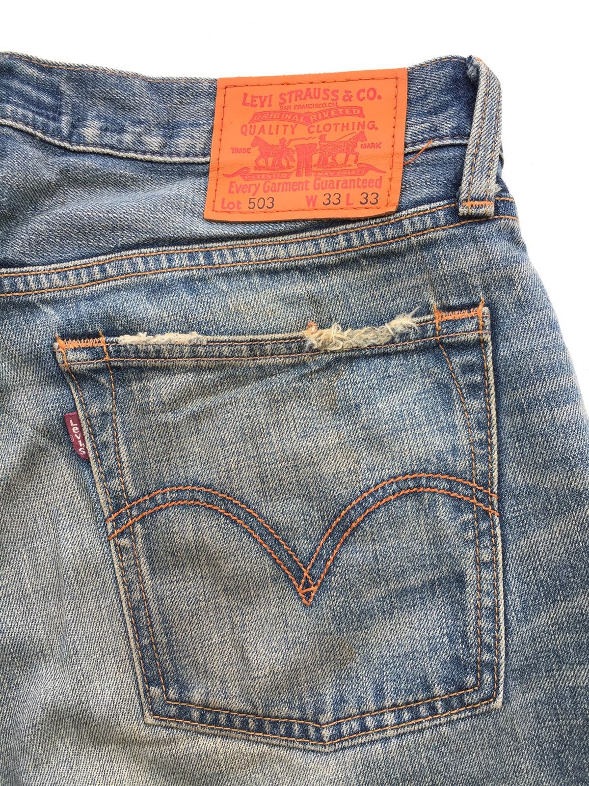 Levi's × Vintage Baggy Jeans Levi’s 503 Distressed Mud Orange Blue Size US 33 - 3 Thumbnail