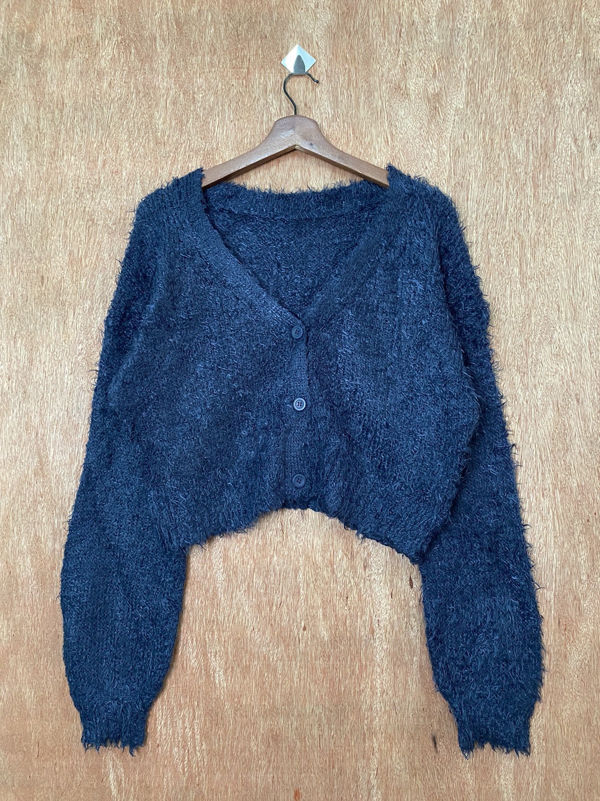 image of Cardigan x Homespun Knitwear Lowrys Farm Dark Blue Shaggy Mohair Croptop Knitwear B568 (Size Medium