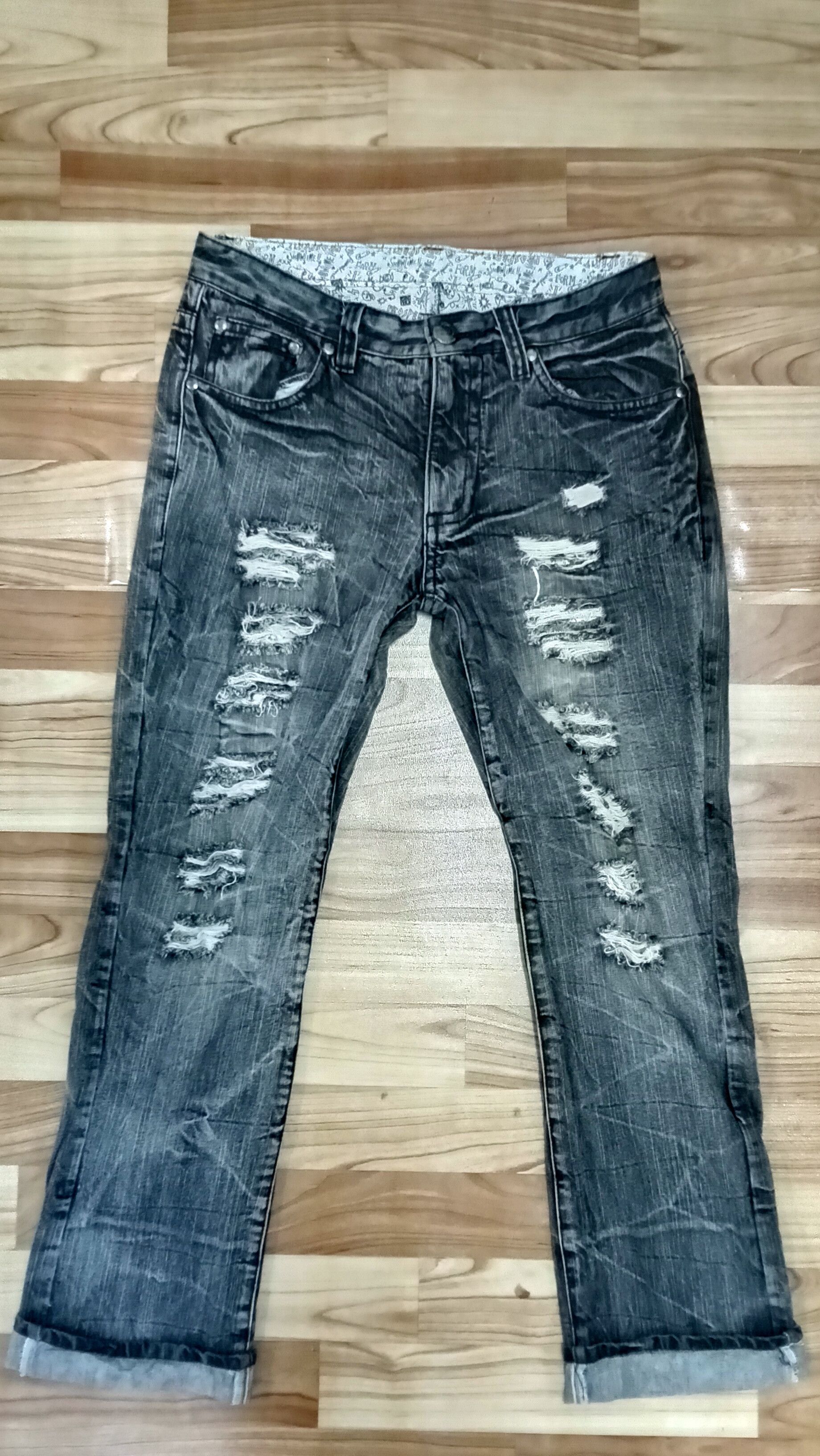 image of Avant Garde x Distressed Denim Assured Joy Ripped Style Jeans in Black, Men's (Size 32)
