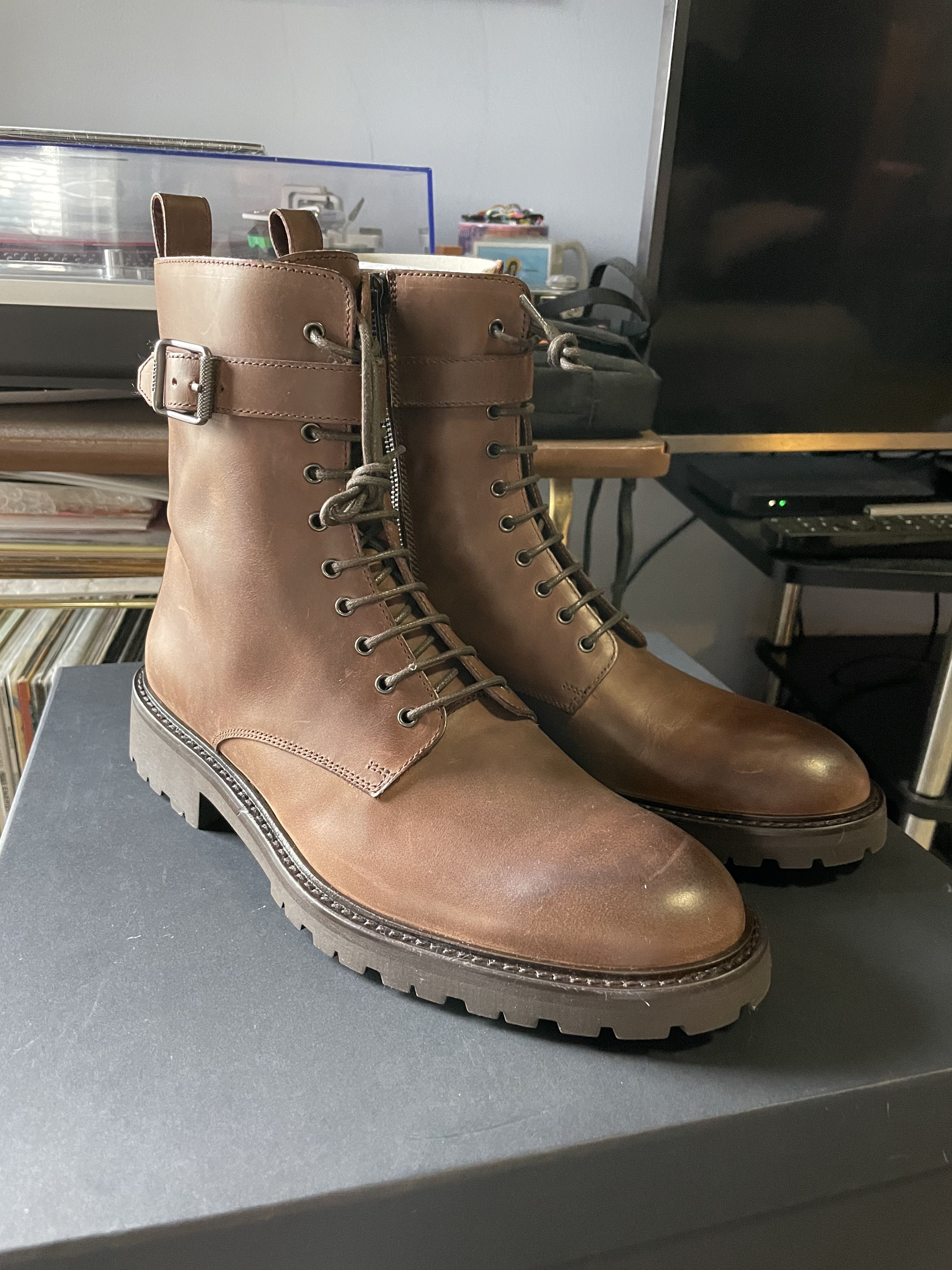 image of Belstaff Paddington Buckled Leather Boots in Brown, Men's (Size 8)