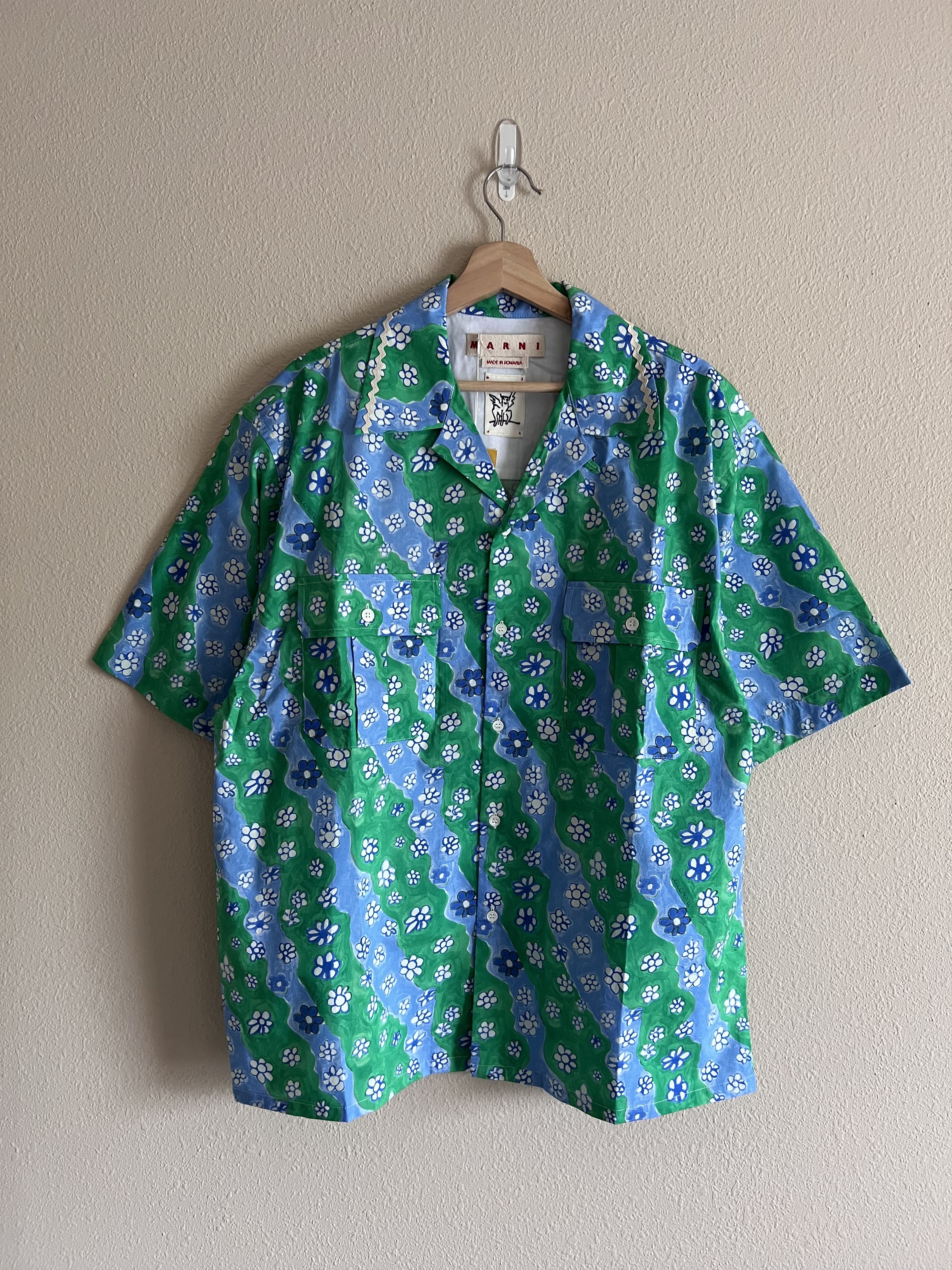 Pre-owned Marni Stripy Flowers Poplin Button Up Shirt In Green
