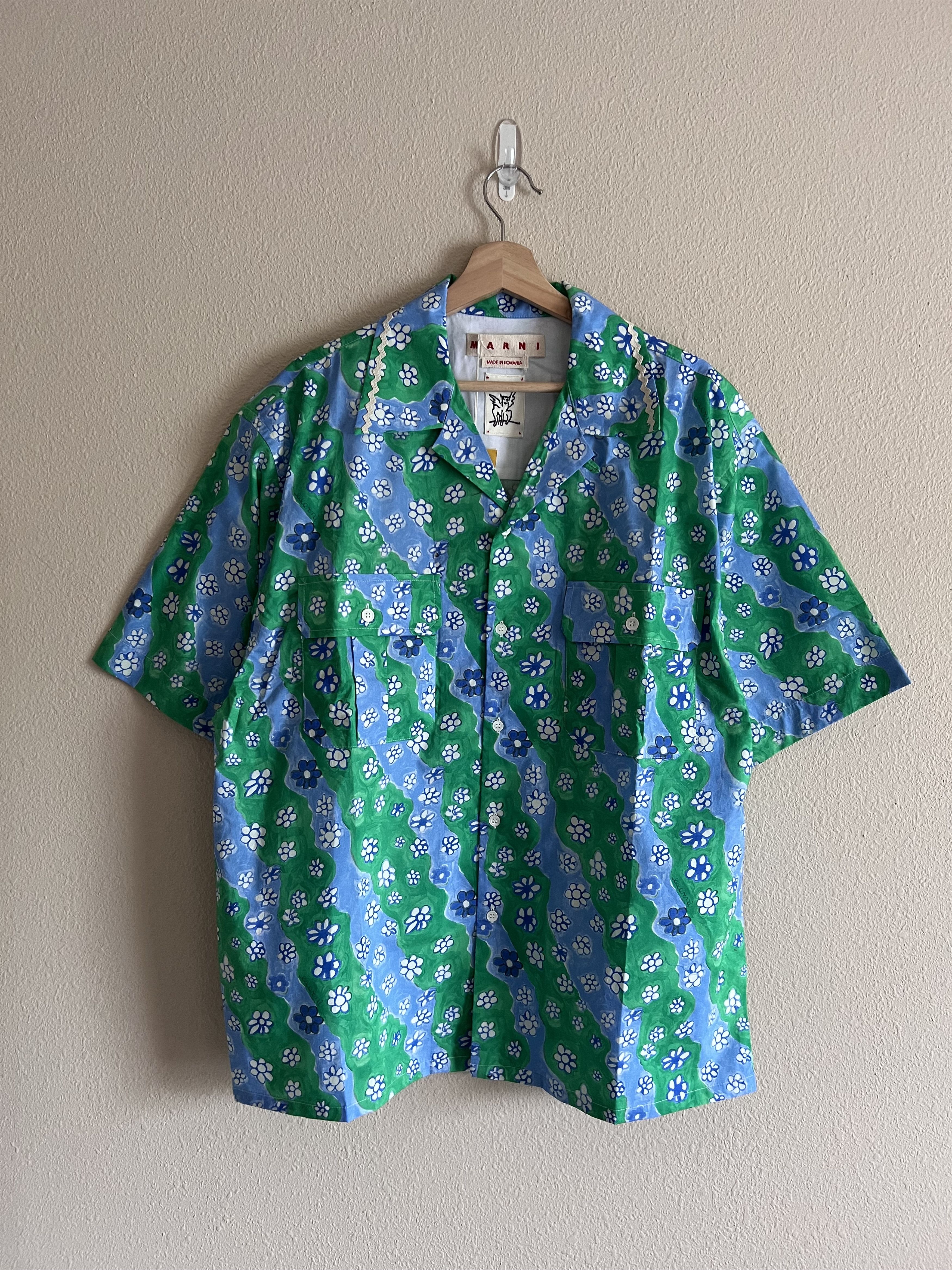 image of Marni Stripy Flowers Poplin Button Up Shirt In Green, Men's (Size XL)