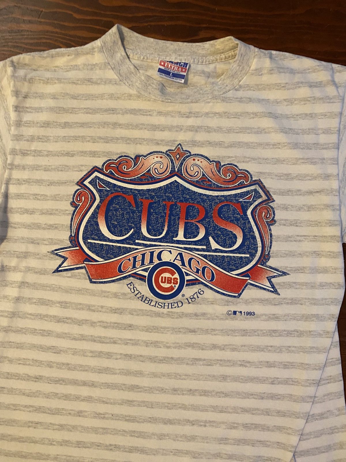 Trench USA Vintage 1993 90s Chicago Cubs Single Stitch Striped Tee Size US L / EU 52-54 / 3 - 8 Thumbnail