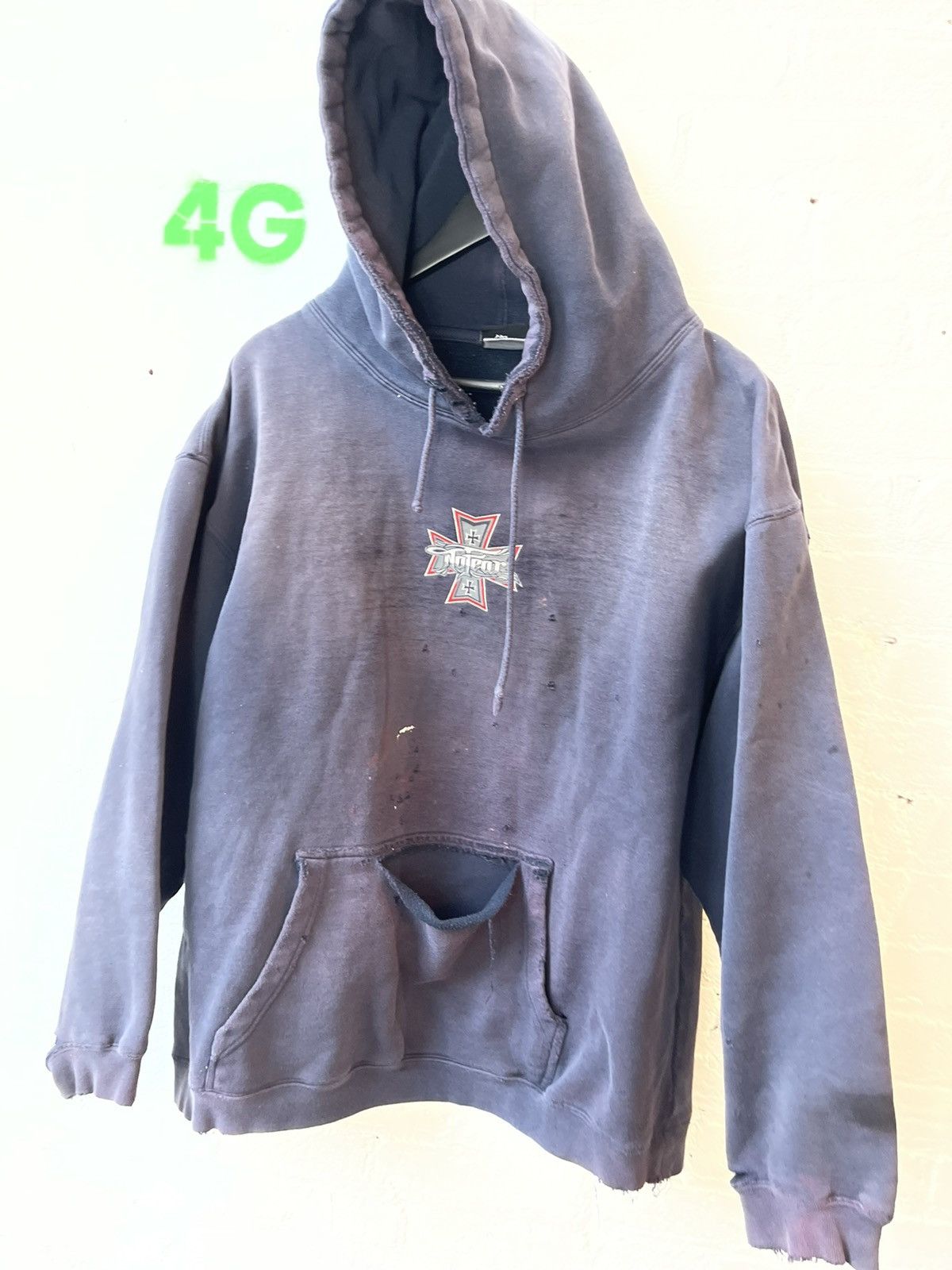 image of No Fear x Vintage Thrashed Sun Faded Burnout Hoodie Sweater XL Baggy in Blue, Men's