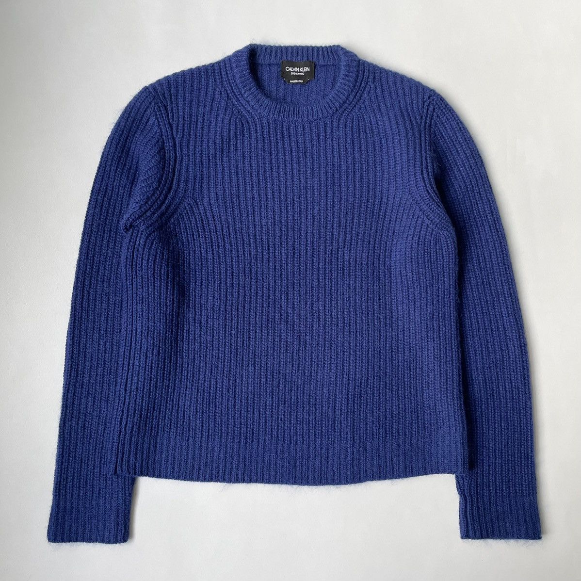 image of Calvin Klein 205W39Nyc x Raf Simons Ribbed Cashmere + Mohair Sweater in Royal Blue (Size Medium)