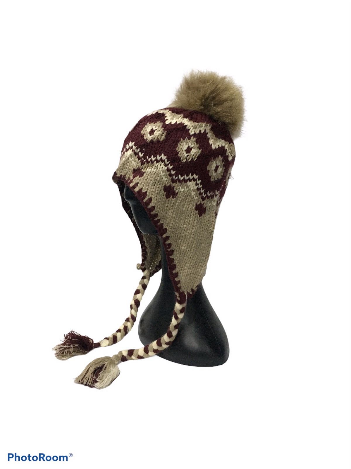 image of hand Knit Navajo Style Beanie Earflat With Fur in Red, Men's
