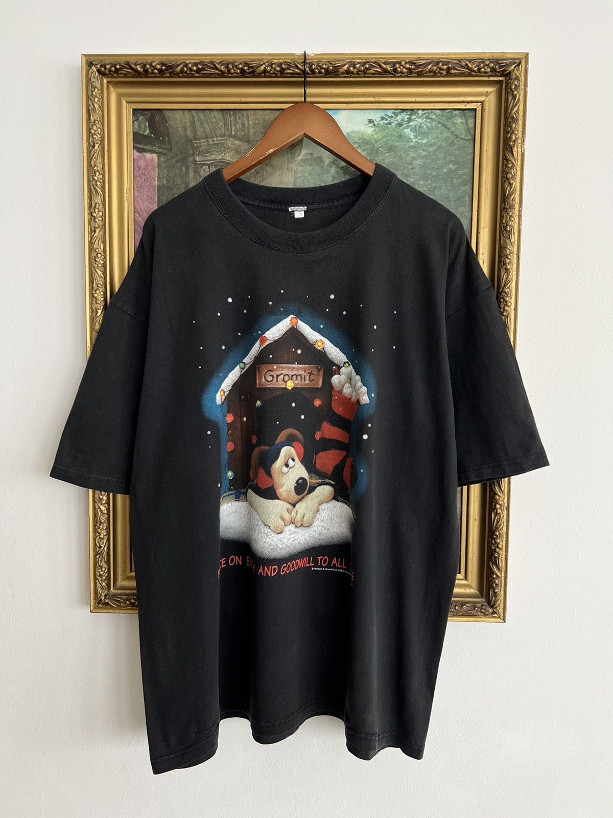 image of Cartoon Network x Vintage 1989 Wallace And Gromit Cartoon Faded Black Tee, Men's (Size XL)
