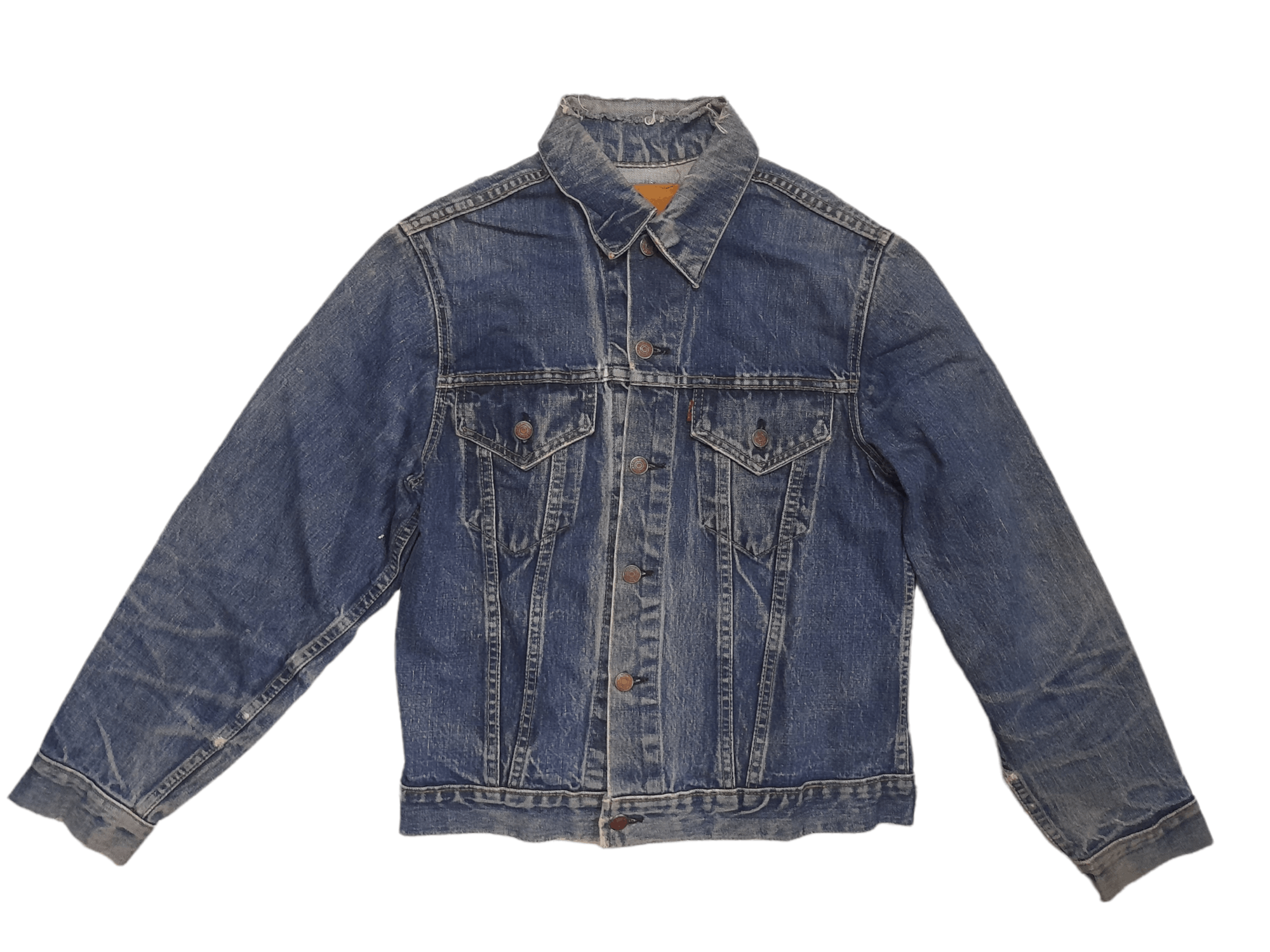 image of Distressed Denim x Levis True VTG 60S Levis 505 Jacket Big E Stamped 526 (E293) in Blue (Size Mediu