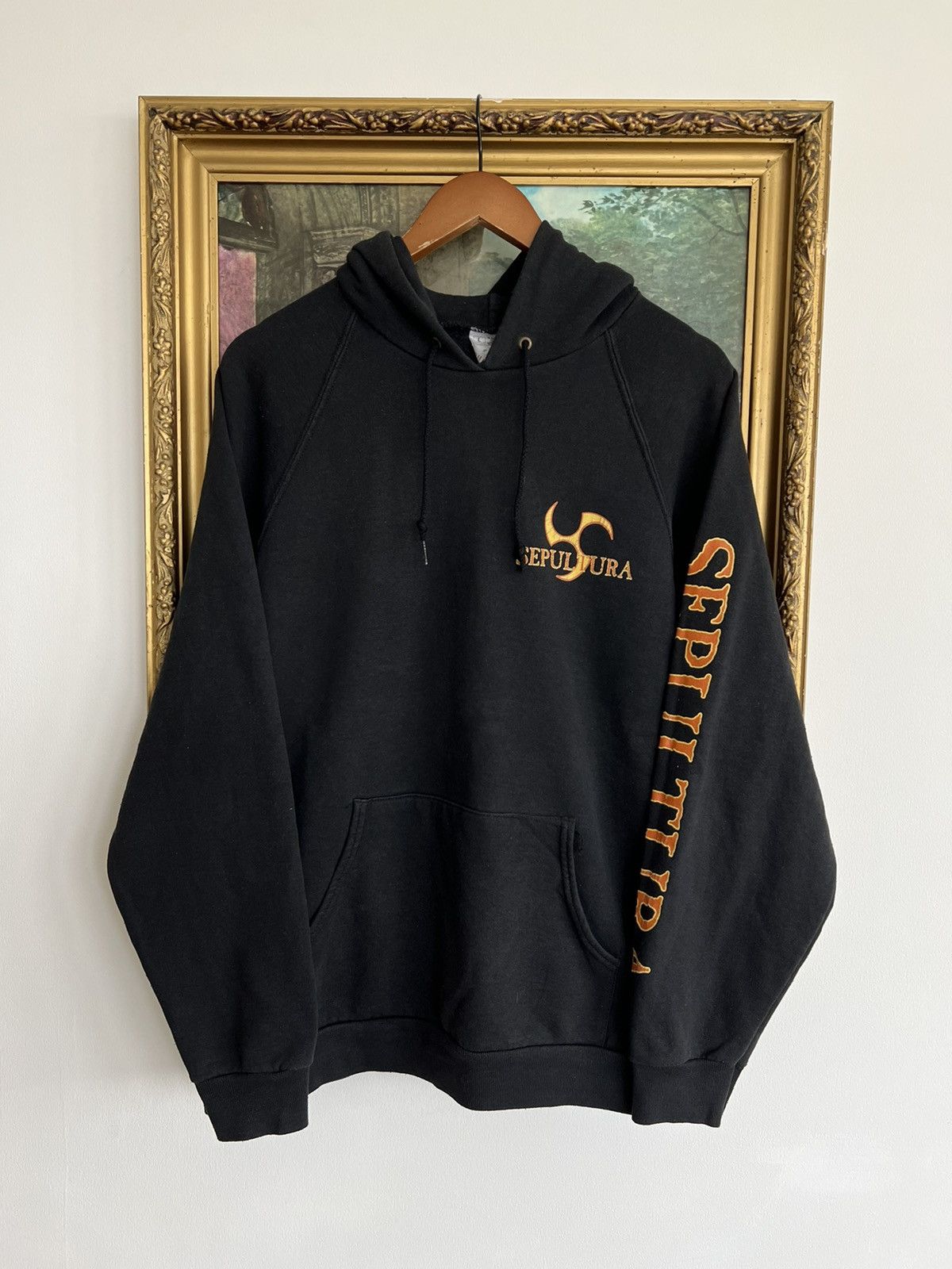 image of Band Tees x Vintage 90's Sepultura Against Metal Band Black Hoodie, Men's (Size Large)