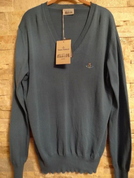 image of Vivienne Westwood Man London V-Neck Sweater Teal Blue Italy in Vivienne Westwood Man London V/Neck 