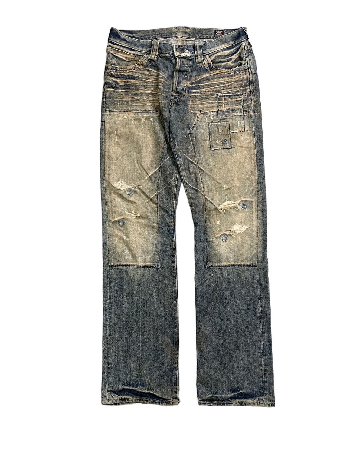 image of Distressed Denim 90's Bartack Work Distressed Patchwork Pants in Denim, Men's (Size 32)