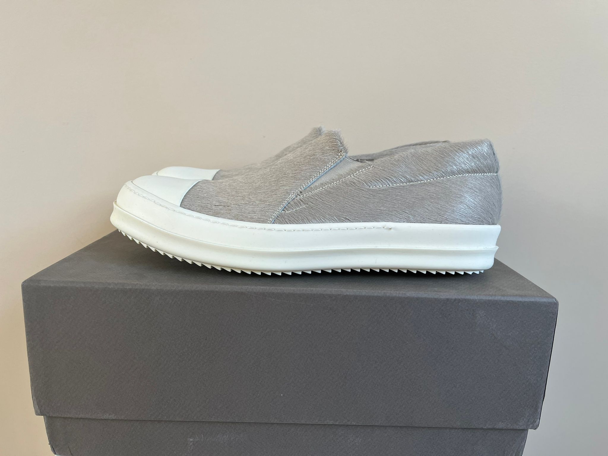image of Rick Owens Pony Hair Boat Low Top Sneaker In Natural, Men's (Size 10)