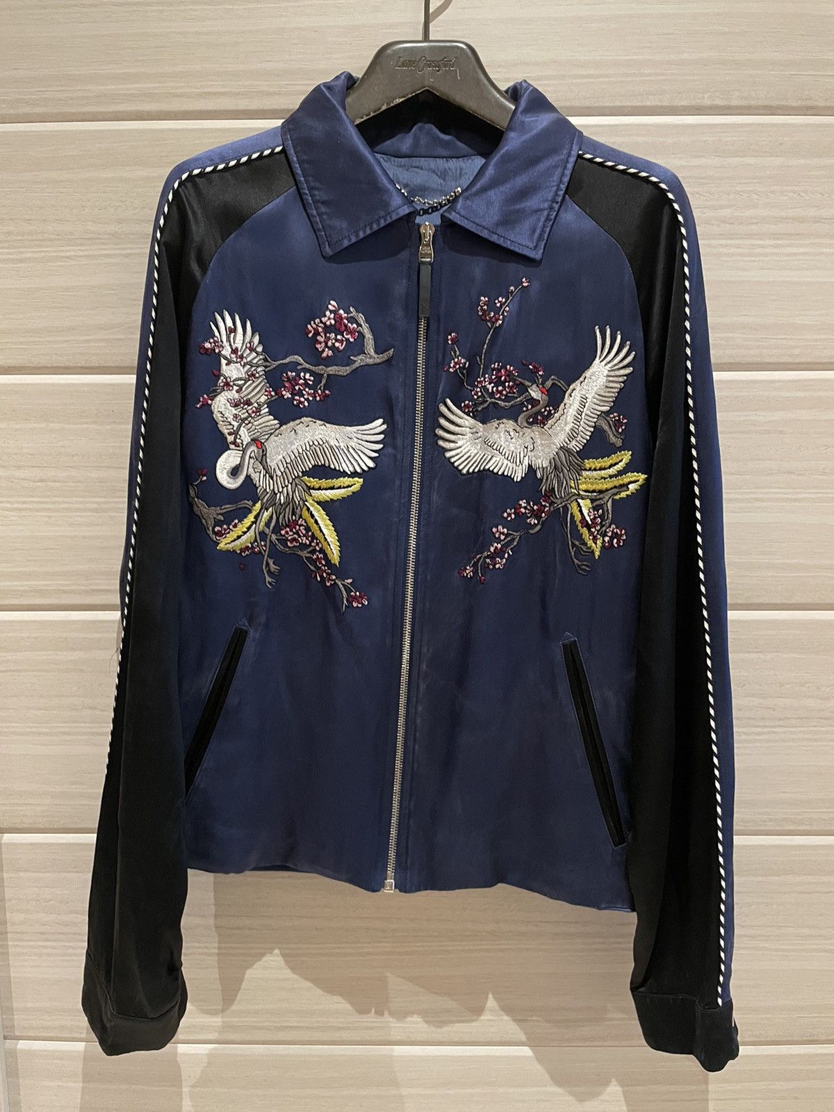 image of Kim Jones x Louis Vuitton Ss16 Birds Embroidered Satin Souvenir Jacket Bomber in Navy (Size Small)